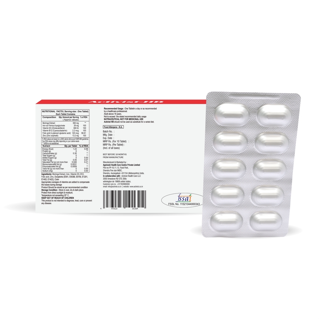 Activist Hb 30 Iron Tablet Strip - Ingredients: Folic Acid | Zinc Sulphate | Vitamin D3 | Ferrous Bisglycinate | Mecobalamin | Moringa