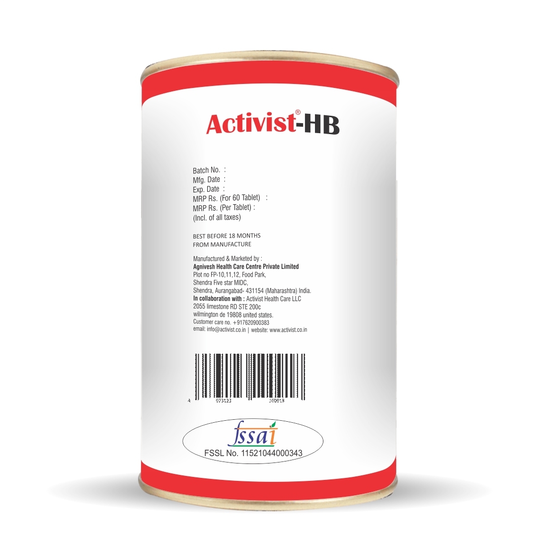 Activist Hb 60 Iron Tablets - Ingredients: Folic Acid | Zinc Sulphate | Vitamin D3 | Ferrous Bisglycinate | Mecobalamin | Moringa