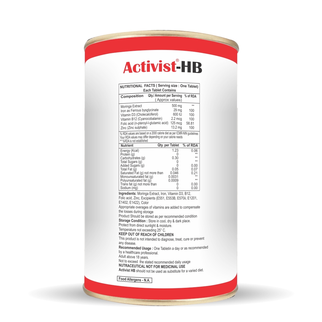 Activist Hb 60 Iron Tablets - Ingredients: Folic Acid | Zinc Sulphate | Vitamin D3 | Ferrous Bisglycinate | Mecobalamin | Moringa