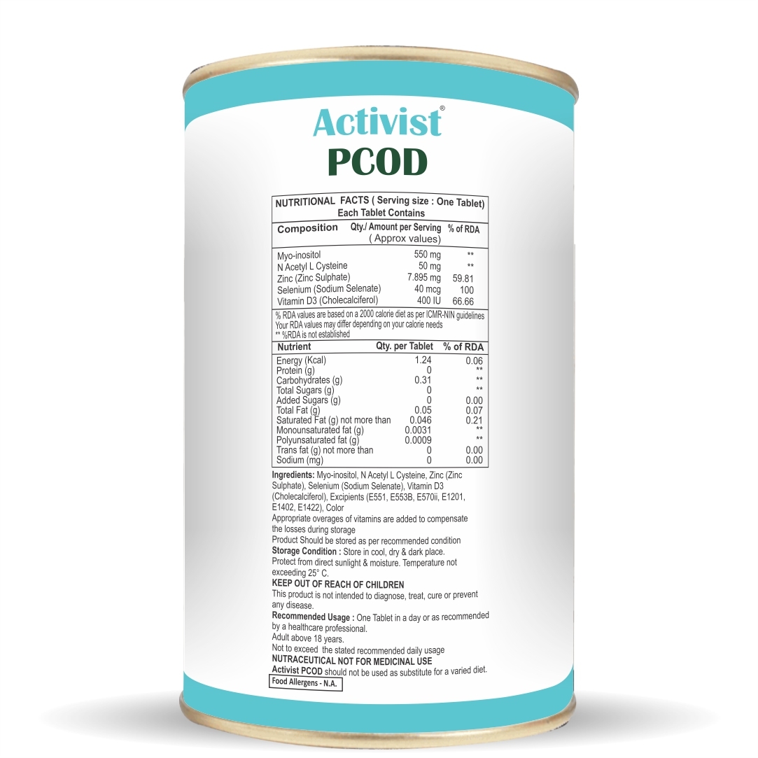 Activist Pcod Natural Treatment 60 Tablets - Ingredients: Myo-inositol | D-chiro Inositol | N-acetyl L-cysteine | L-methyl Folate Calcium | Zinc | Chromium Picolinate | Selenium | Vitamin D3