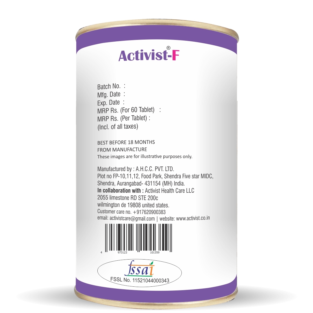 Activist F For Supporting Women Reproducibility Tablets 60 - Ingredients: Co-enzyme Q10 (Ubidecarenone) | Astaxanthin | L-methylfolate Calcium | Vitamin B12 | Lycopene 10% | Pyridoxine -5- Phosphate | L-arginine | Zinc Sulphate | Chromium Picolinate | Piperine | Vitamin C | Ferrous Gluconate | Iodine | Sodium Selenite | Selenium