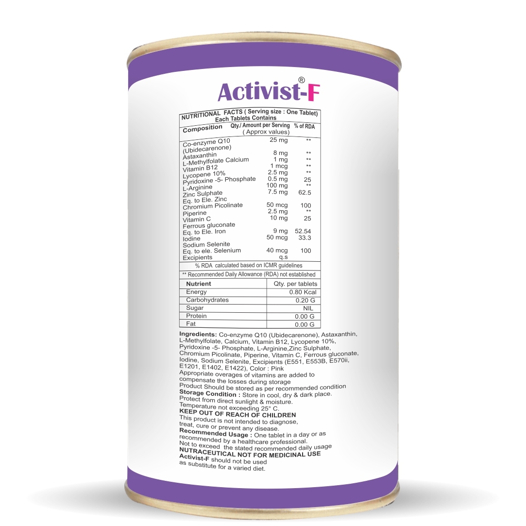 Activist F For Supporting Women Reproducibility Tablets 60 - Ingredients: Co-enzyme Q10 (Ubidecarenone) | Astaxanthin | L-methylfolate Calcium | Vitamin B12 | Lycopene 10% | Pyridoxine -5- Phosphate | L-arginine | Zinc Sulphate | Chromium Picolinate | Piperine | Vitamin C | Ferrous Gluconate | Iodine | Sodium Selenite | Selenium