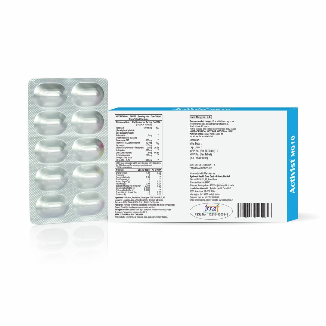 Activist-mq10 Male Fertility Tablet 30 Strip Pack - Ingredients: Lepidium Meyenii | Vitamin B12 | Co-enzyme Q10 | Lycopene | Zinc Sulphate | L- Carnitine | L- Tartrate | Astaxanthin | Dha | L- Arginine | L- Methylfolate Calcium | Pyridoxal A 5 A Phosphate