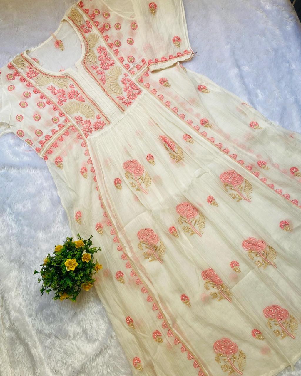 Lucknowi Chikan Mul Chanderi Semi Stitched Ladies Gown With Dupatta - Color: Any Color