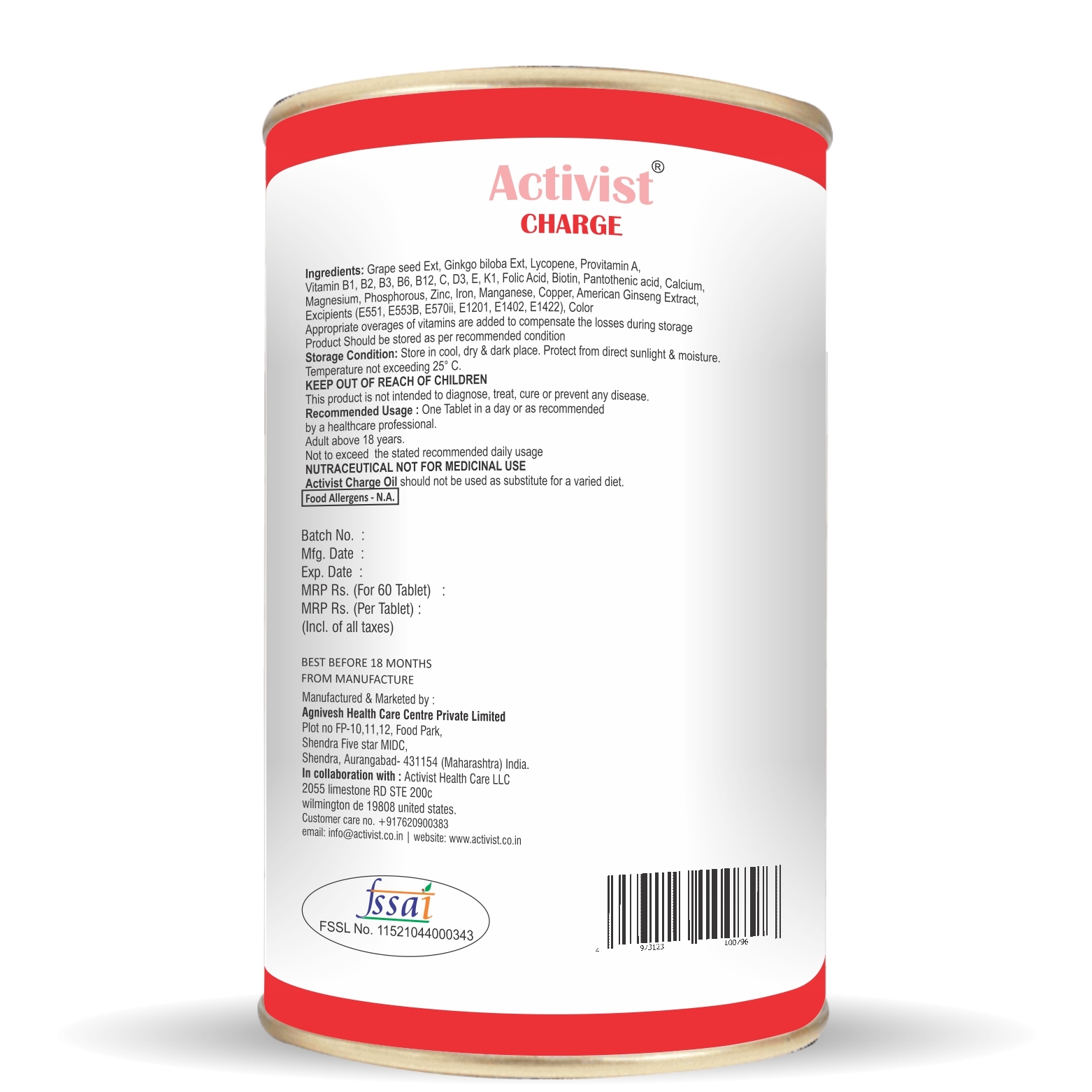 Activist Charge 60 Tablets - Ingredients: Vitamin A