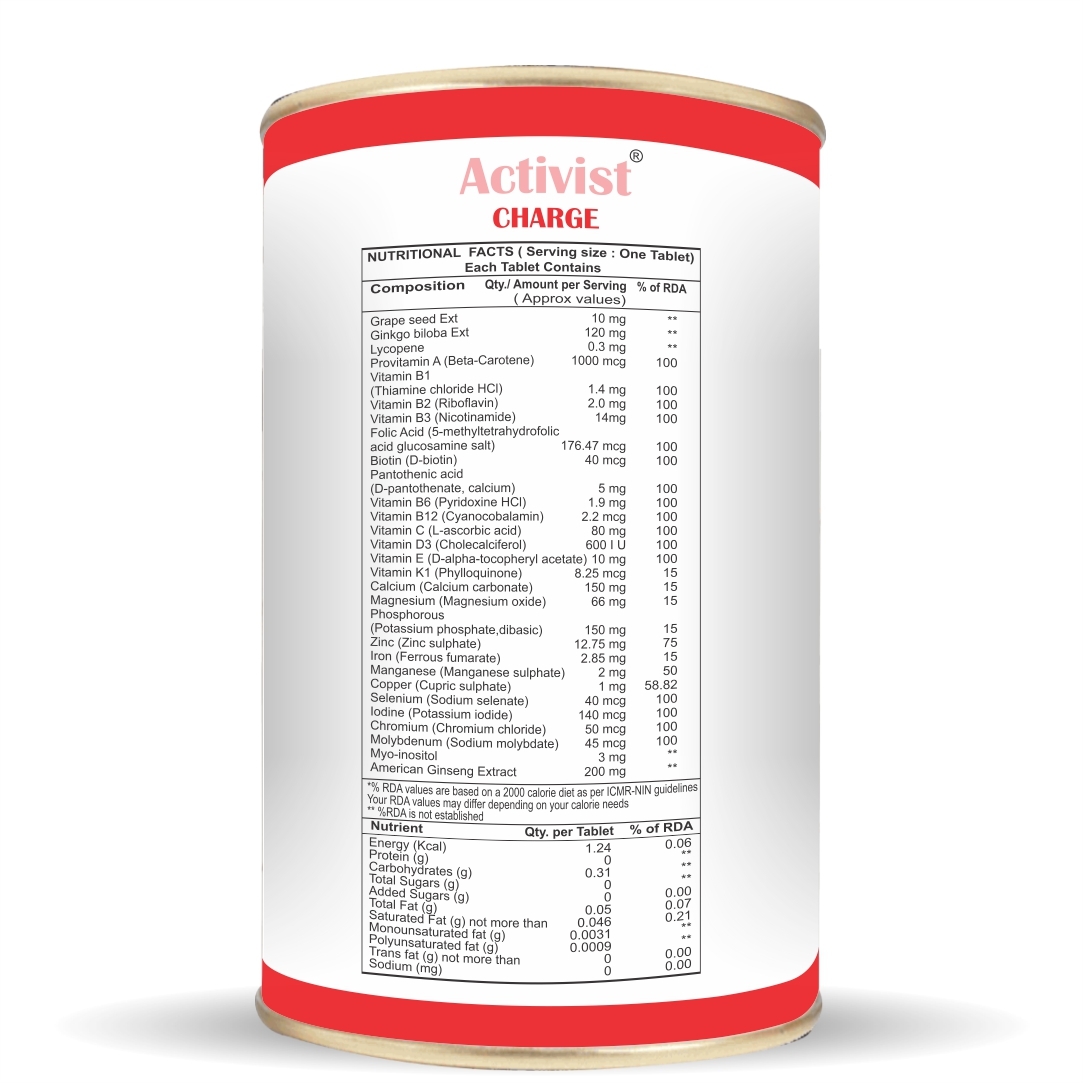 Activist Charge 60 Tablets - Ingredients: Vitamin A