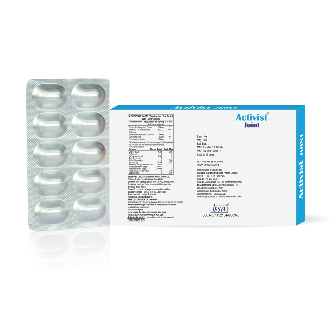 Activist Joint Pain Tablets 30 Strip Pack - Ingredients: Cissus Quadrangularis | Moringa Oleifera | Collagen Peptide Ii | Hyaluronic Acid | Vitamin D3