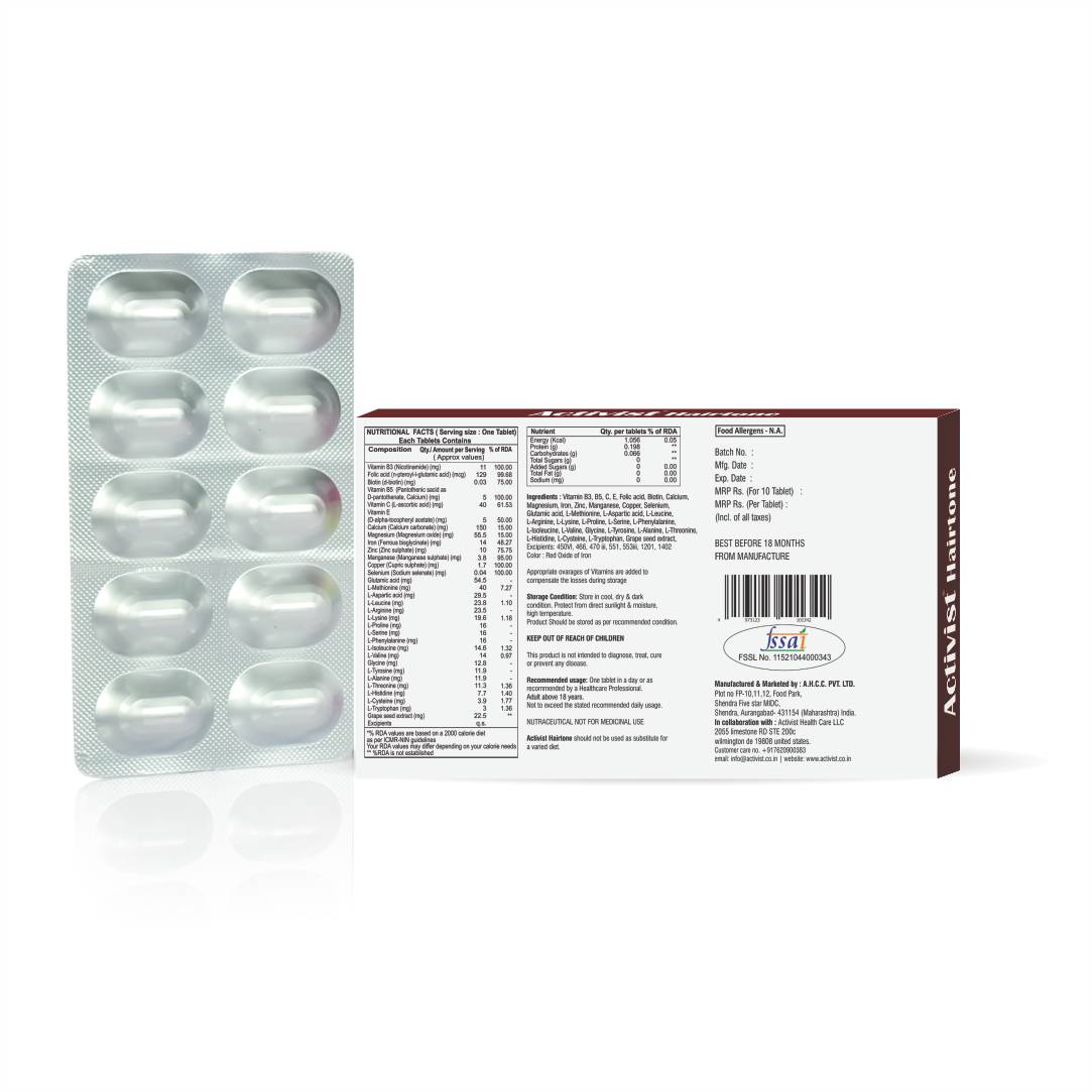 Activist Hairtone Tablets - Ingredients: Amino Acids | Biotin | Soya Protein Hydrolysate | Soy Isoflavone | Vitamin (C