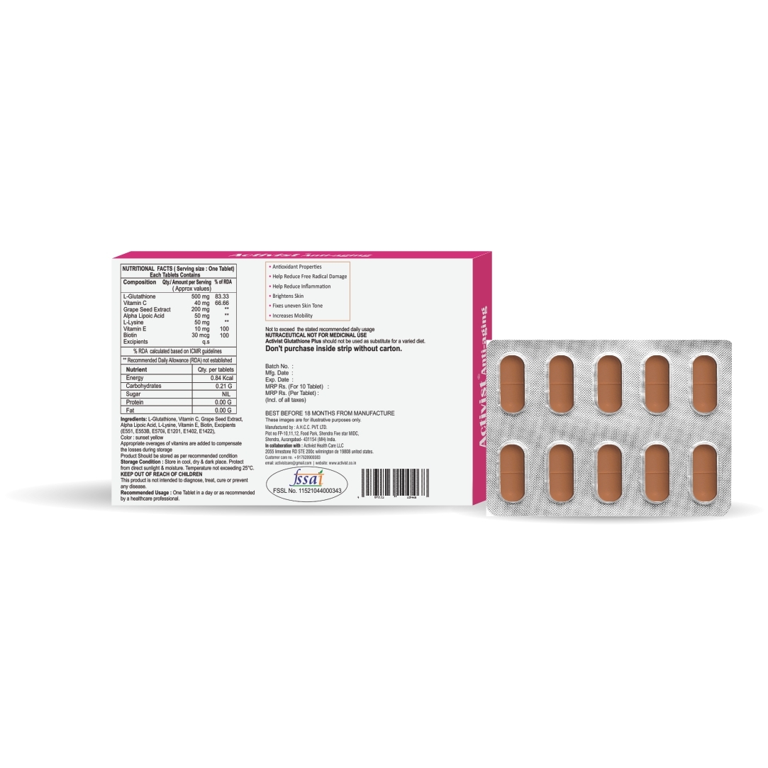 Activist Glutathione Plus Tablets 30 Strip Pack - Ingredients: L-glutathione | Vitamin C | Grape Seed Extract | Alpha Lipoic Acid | L-lysine | Vitamin E | Biotin