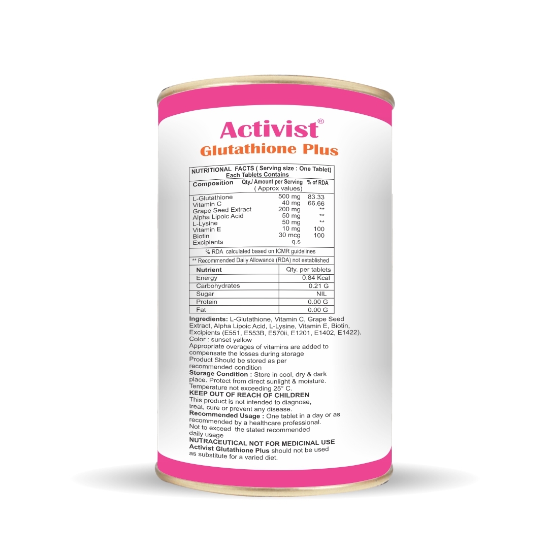 Activist Glutathione Plus 60 Tablets - Ingredients: L-glutathione | Vitamin C | Grape Seed Extract | Alpha Lipoic Acid | L-lysine | Vitamin E | Biotin