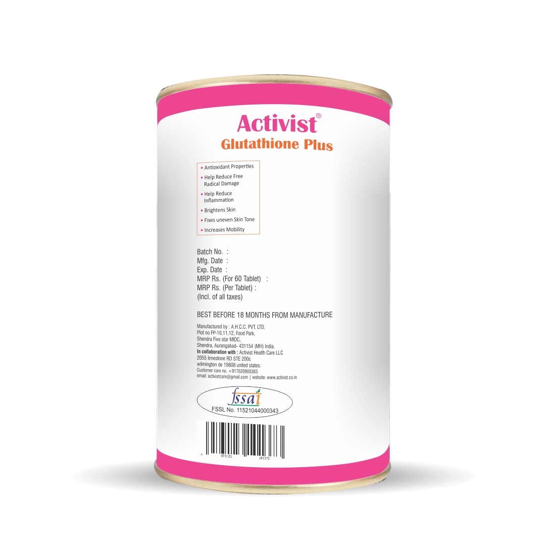 Activist Glutathione Plus 60 Tablets - Ingredients: L-glutathione | Vitamin C | Grape Seed Extract | Alpha Lipoic Acid | L-lysine | Vitamin E | Biotin