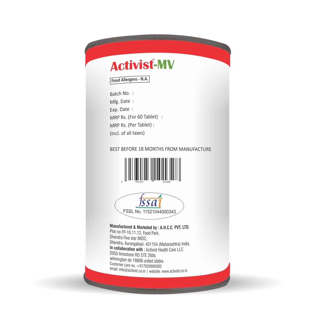 Activist Mv Multivitamins 60 Tablets - Ingredients: Biotin | Vitamin E & Vitamin C | Calcium | Magnesium | Vitamin K | Vitamin D | Calcium Carbonate | Magnesium Oxide | Phosphorus | Vitamin B1