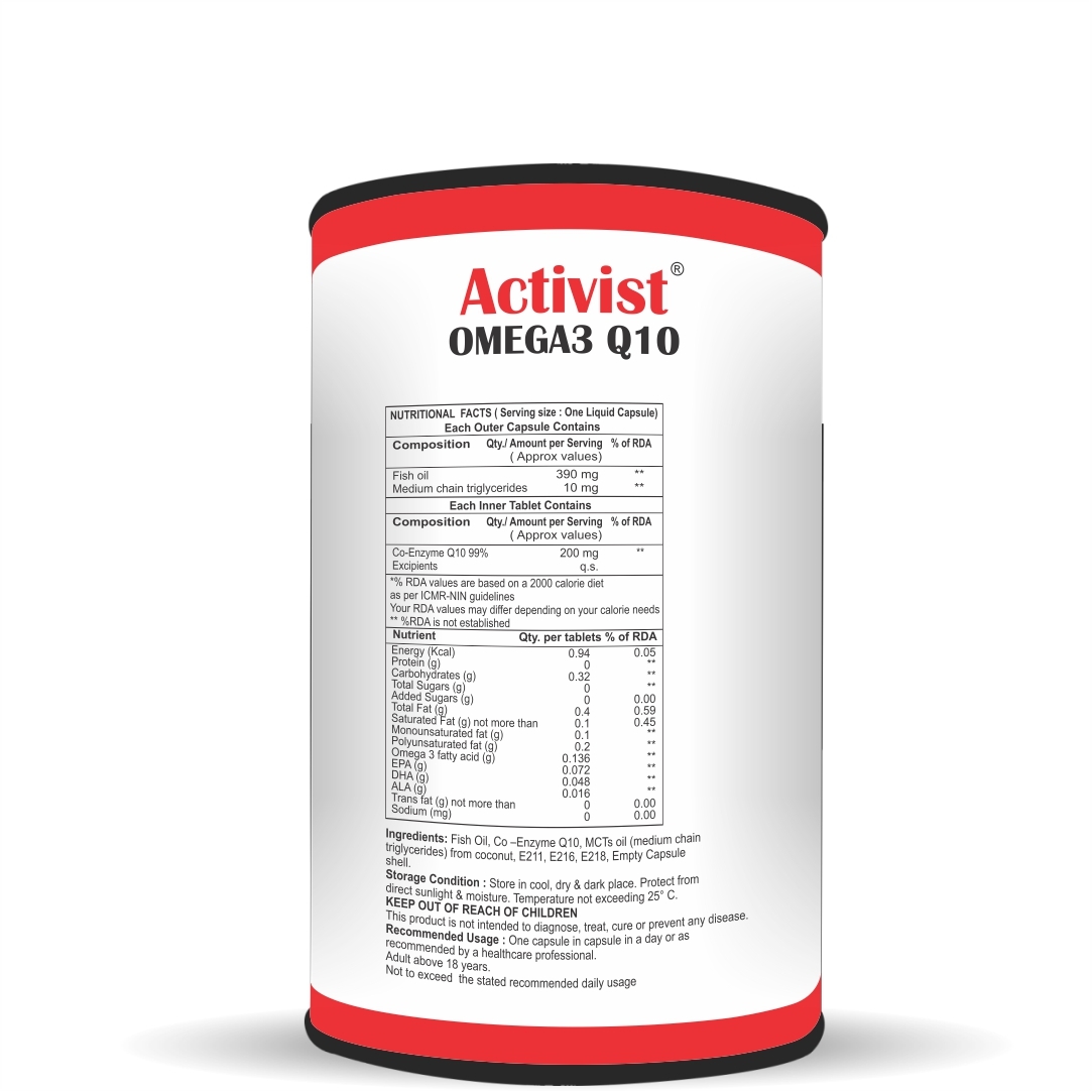 Activist Omega3 Q10 - 60 Liquid Capsules | Heart Health Support, Cholesterol Maintenance, Enhanced Blood Circulation, Plaque Prevention, Co-enzyme Q10 Infusion