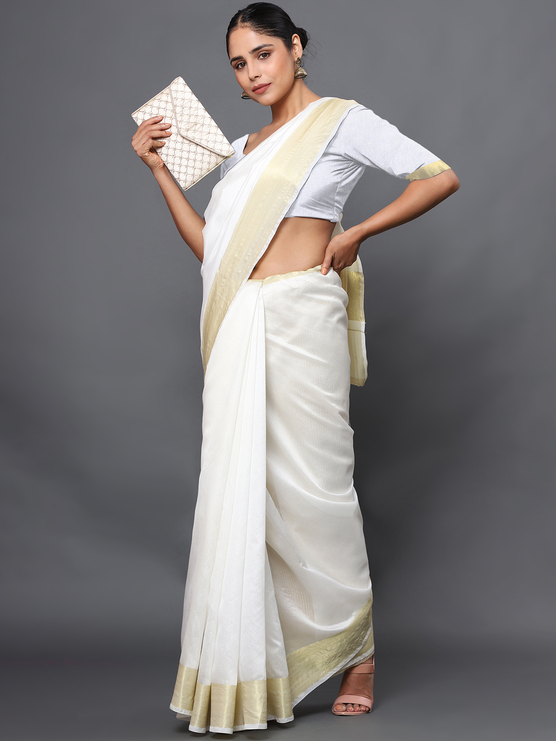 New Kerala Saree - Cotton 5.5 Mtr Length 44 Inch Width | White With Thick Golden Zari Border Unstitched Blouse Ideal For Traditional Occasions