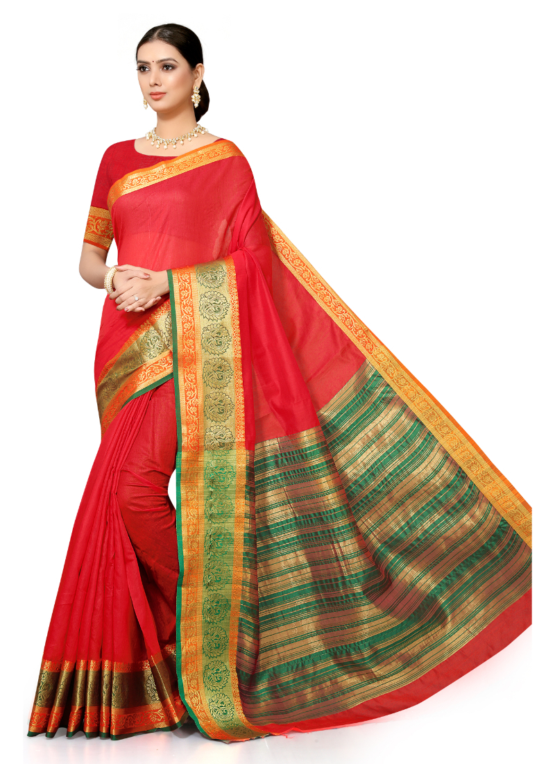 Leeza Store Red Cotton Silk Blend Woven Banarasi Saree - 5.5 Mtr Length Matching Unstitched Blouse Zari Work Ideal For Evening And Ceremony Wear