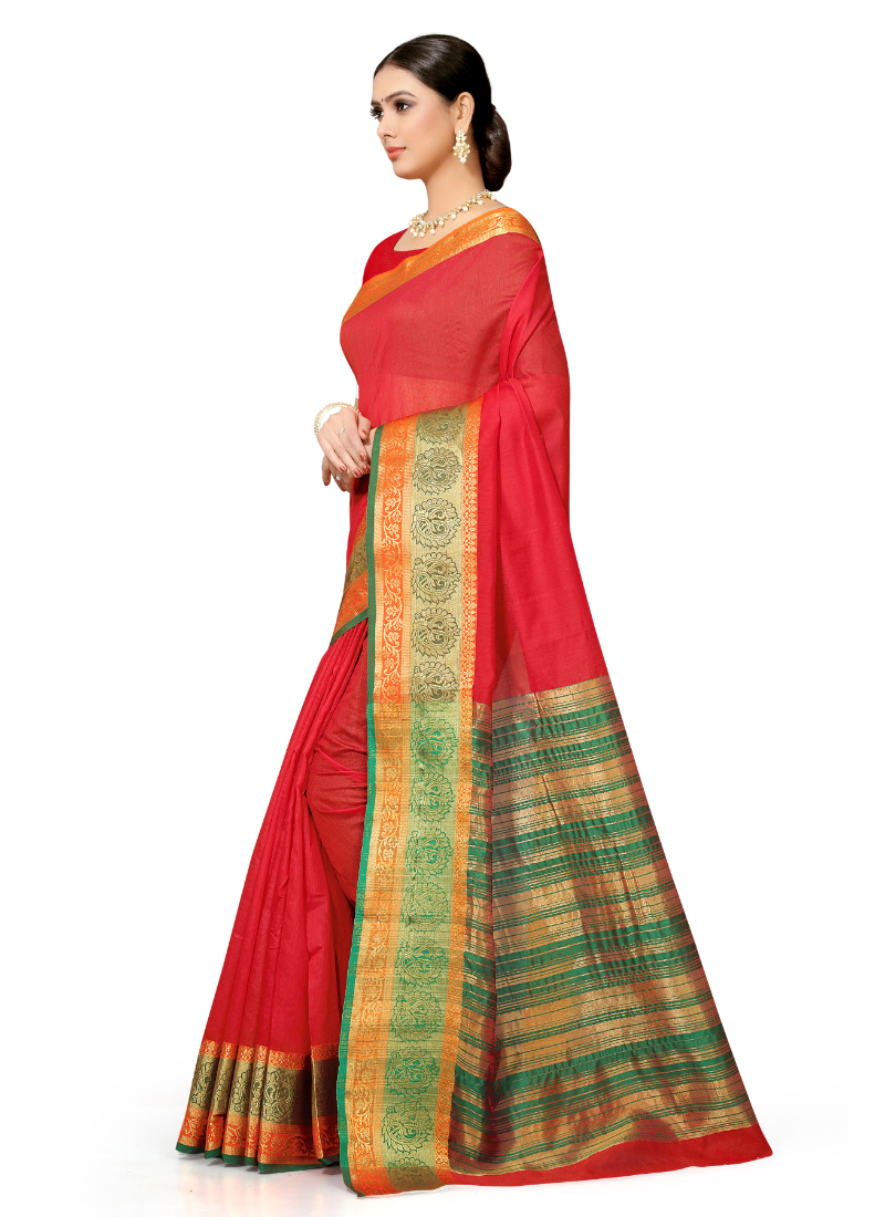 Leeza Store Red Cotton Silk Blend Woven Banarasi Saree - 5.5 Mtr Length Matching Unstitched Blouse Zari Work Ideal For Evening And Ceremony Wear