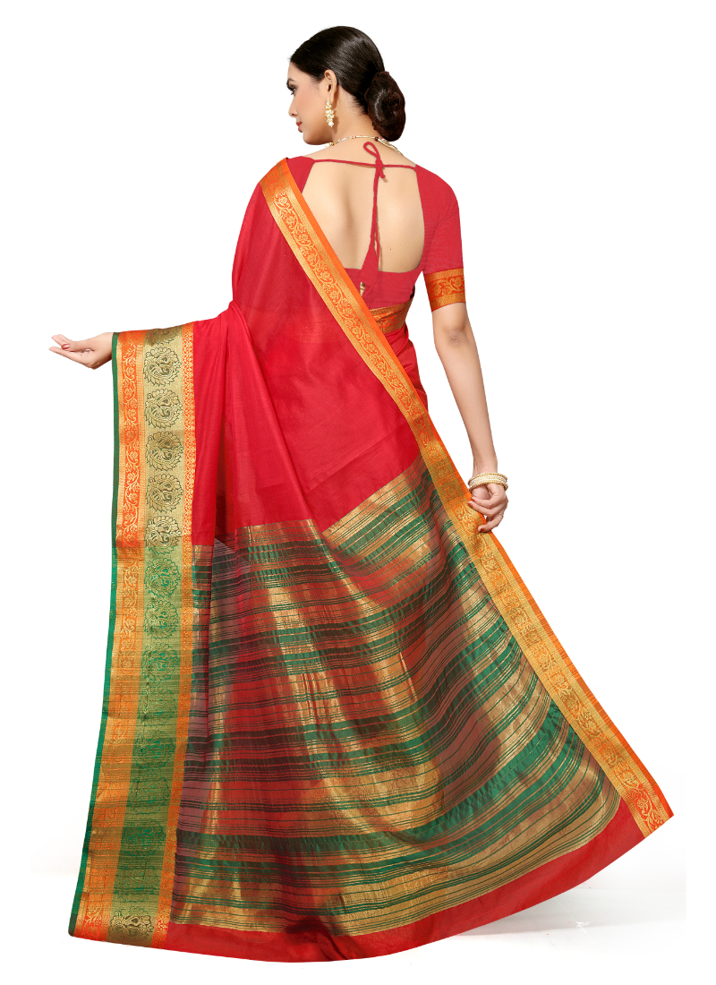 Leeza Store Red Cotton Silk Blend Woven Banarasi Saree - 5.5 Mtr Length Matching Unstitched Blouse Zari Work Ideal For Evening And Ceremony Wear
