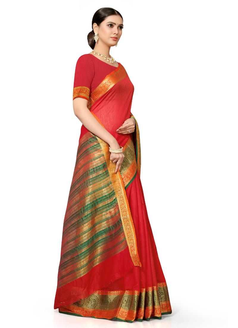 Leeza Store Red Cotton Silk Blend Woven Banarasi Saree - 5.5 Mtr Length Matching Unstitched Blouse Zari Work Ideal For Evening And Ceremony Wear