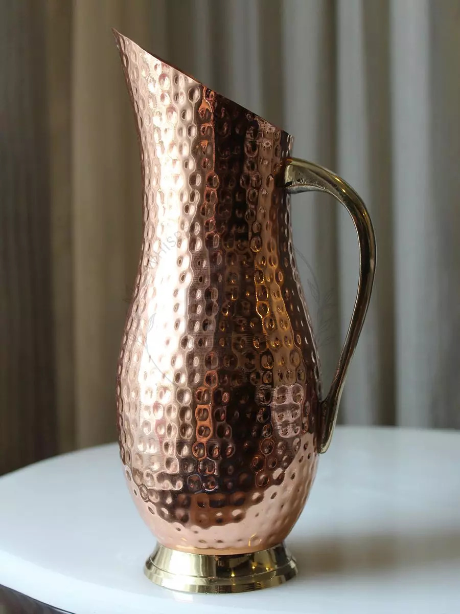 Pure Copper Serving Pitcher Jug Hammered Design Brass Handle