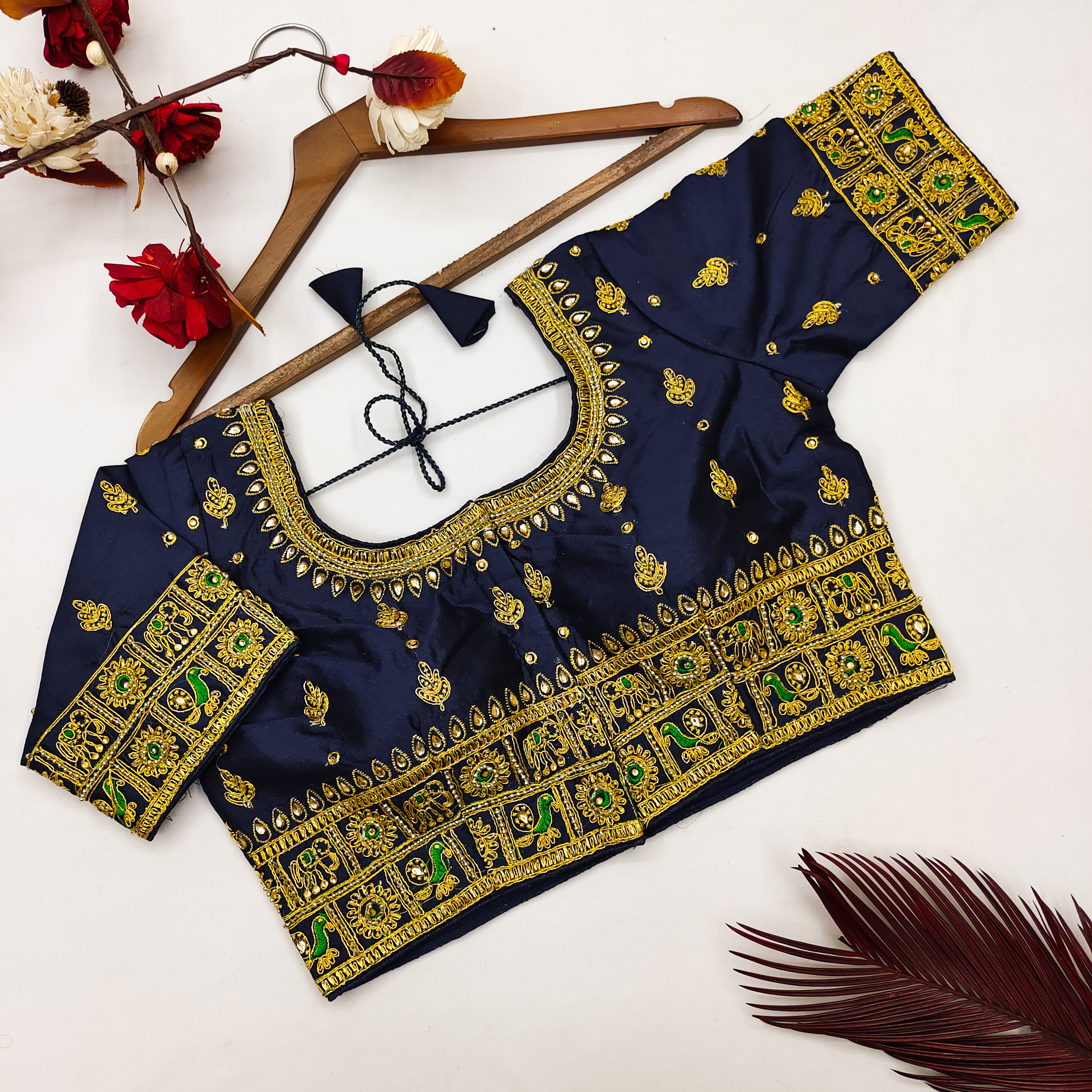 Fancy Designer Blouses - Jacquard Material, Customized Size, Dark Green, Black, Blue, Brown, Golden, Grey, Maroon, Navy Blue, Pink, Purple, Red, White, Yellow | Embroidered Patterns, Short Long Sleeves, Dry Cleaning Feature, Lace And Other Decorations