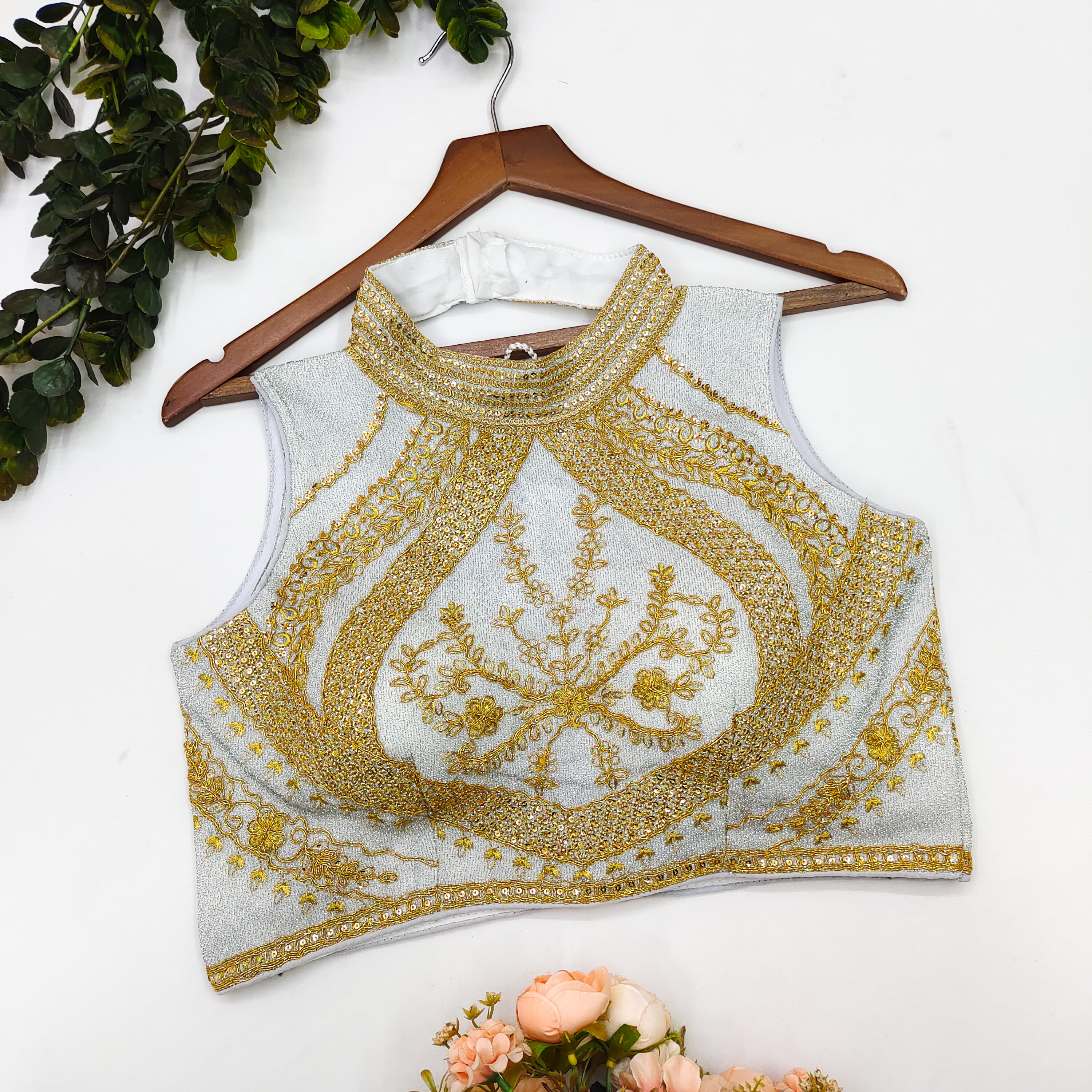 Fancy Embroidered Blouse - China Fabric, Plus Size & Customized Fit | Traditional Sleeveless Design With Mirror Work & Laces, Available In Multiple Colors