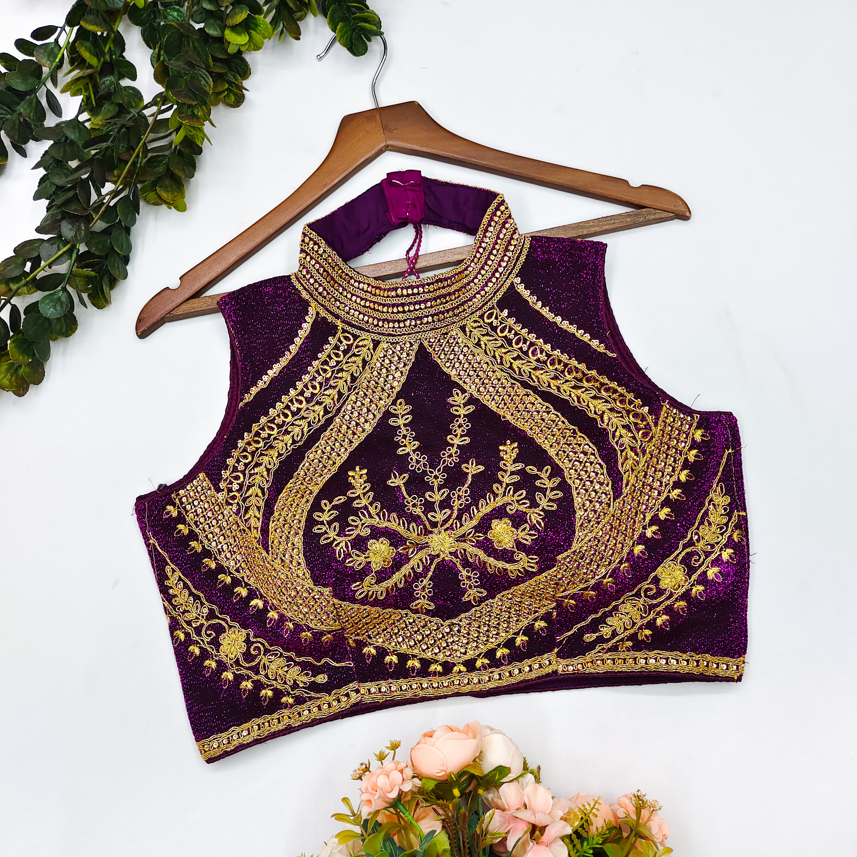 Fancy Embroidered Blouse - China Fabric, Plus Size & Customized Fit | Traditional Sleeveless Design With Mirror Work & Laces, Available In Multiple Colors