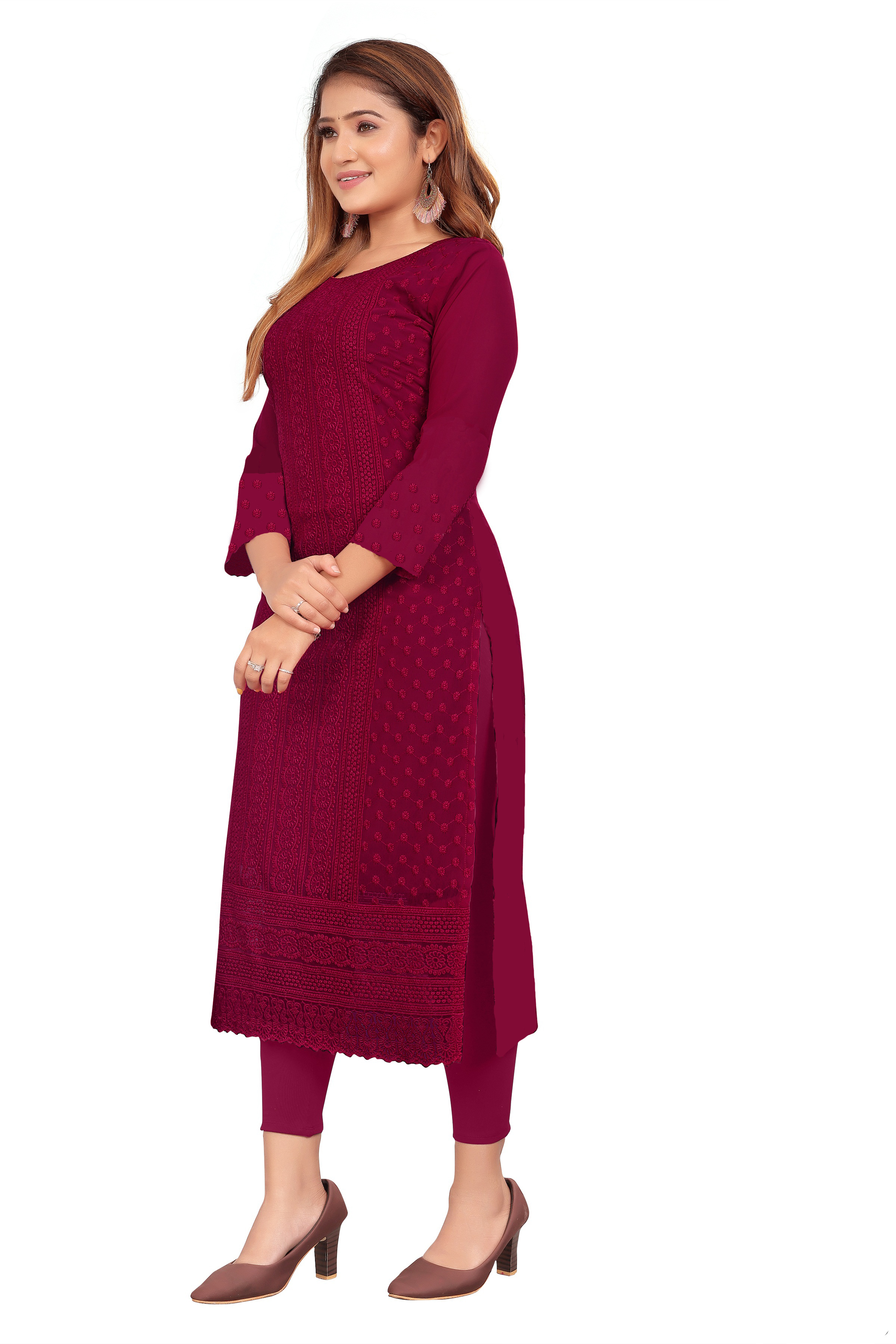 Chikankari Kurta - Lightweight Georgette Fabric, Customized Size And Shoulder For Ladies, 3-4th Sleeve, Embroidered Ethnic Charm