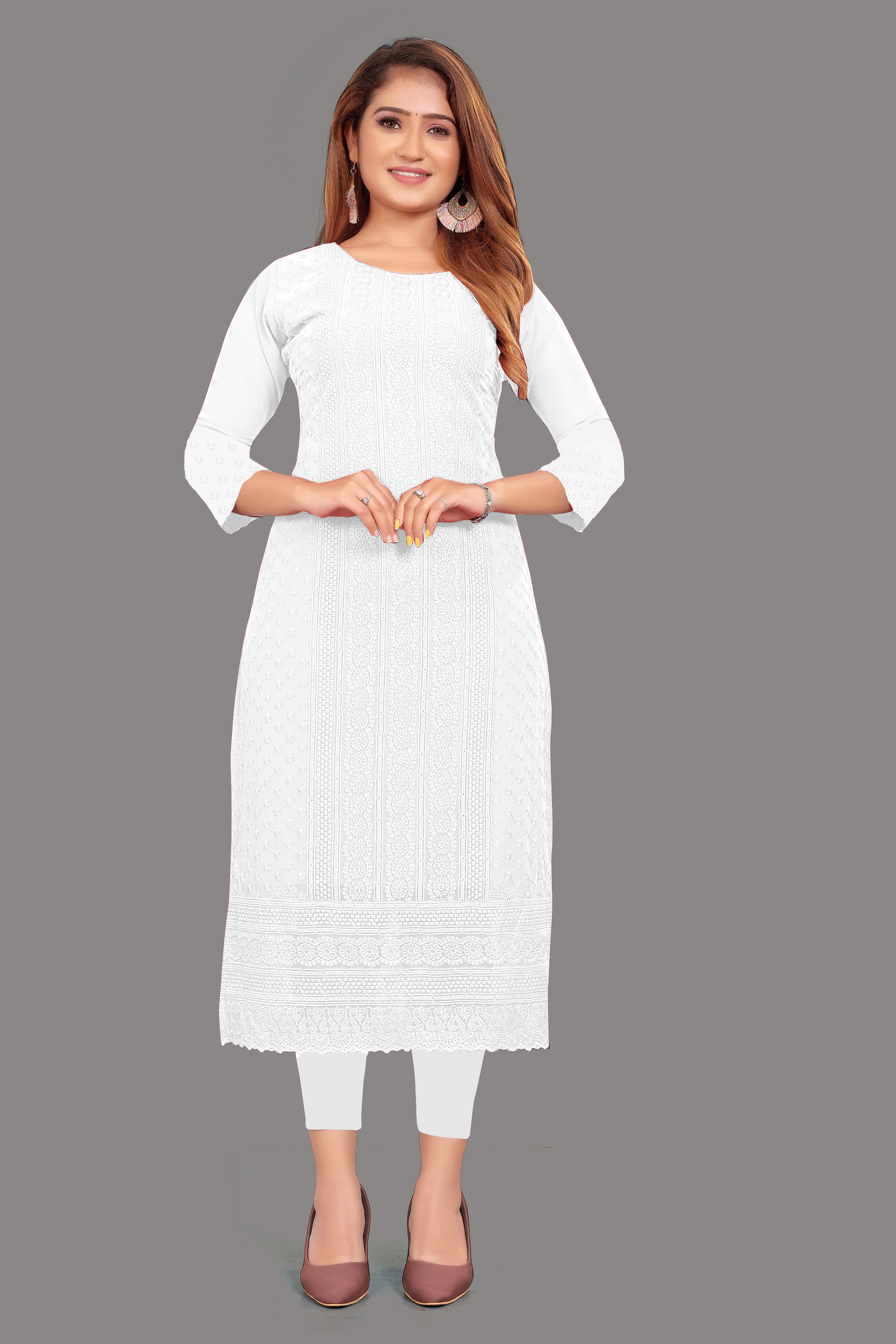 Chikankari Kurta - Lightweight Georgette Fabric, Customized Size And Shoulder For Ladies, 3-4th Sleeve, Embroidered Ethnic Charm