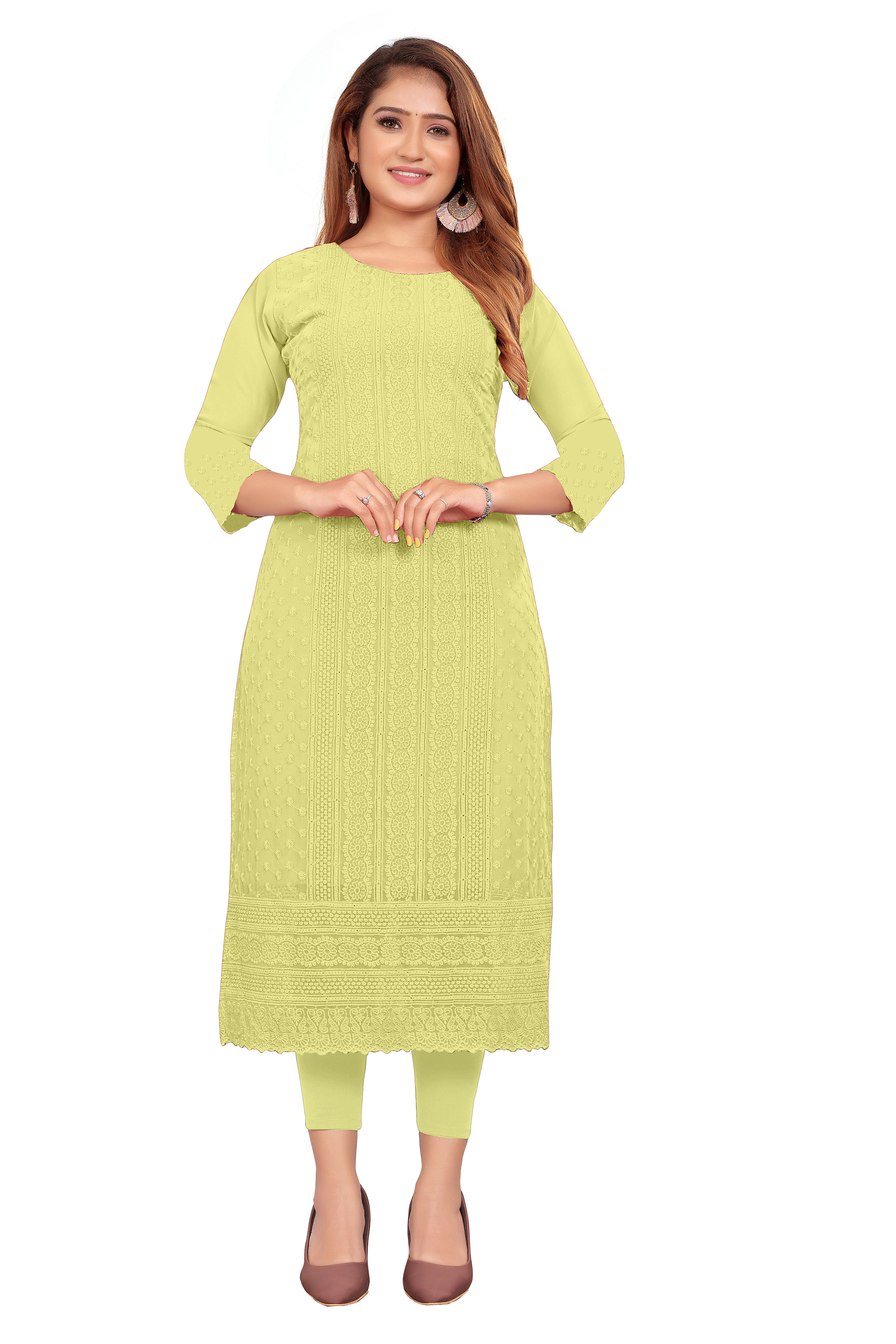 Chikankari Kurta - Lightweight Georgette Fabric, Customized Size And Shoulder For Ladies, 3-4th Sleeve, Embroidered Ethnic Charm