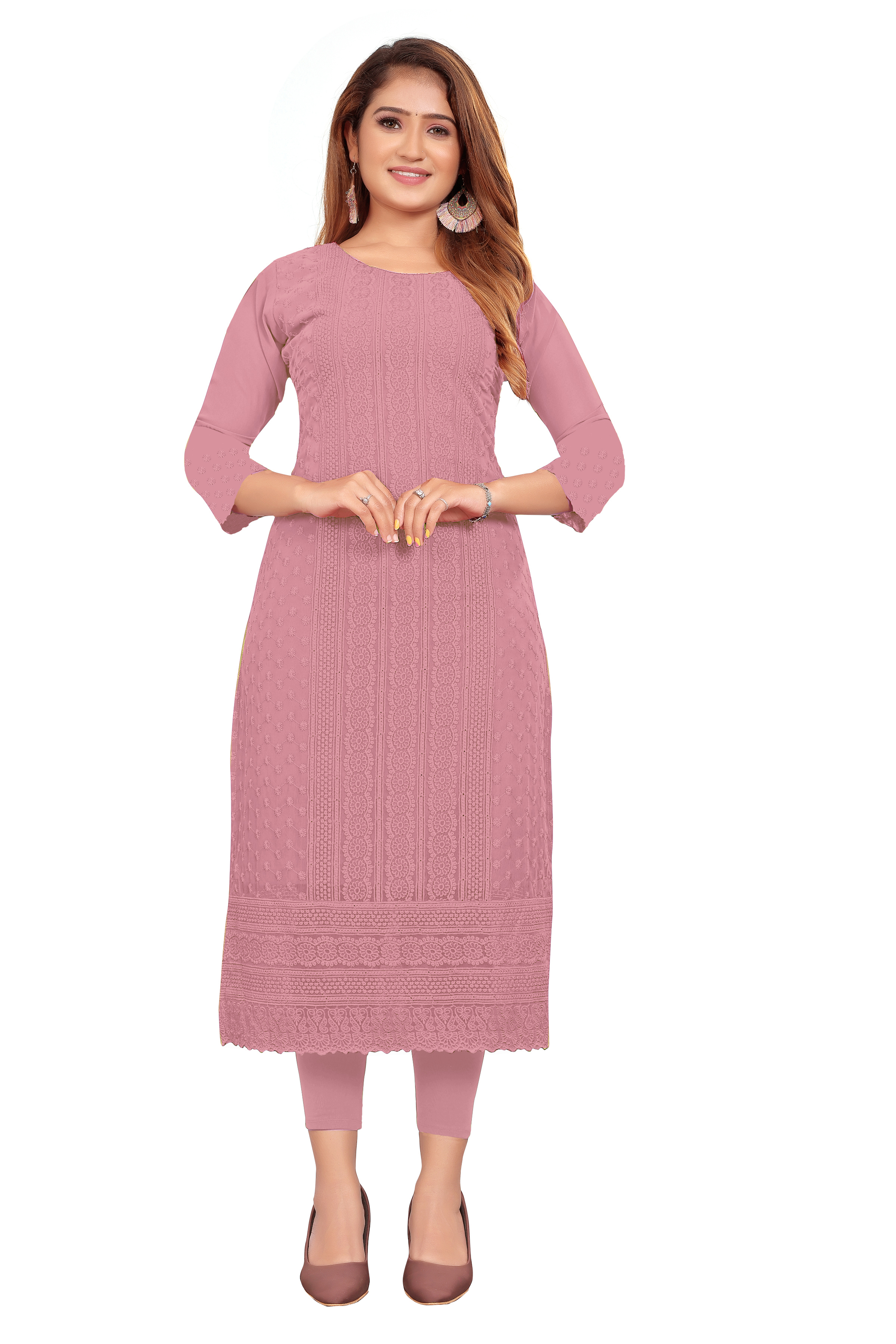 Chikankari Kurta - Lightweight Georgette Fabric, Customized Size And Shoulder For Ladies, 3-4th Sleeve, Embroidered Ethnic Charm