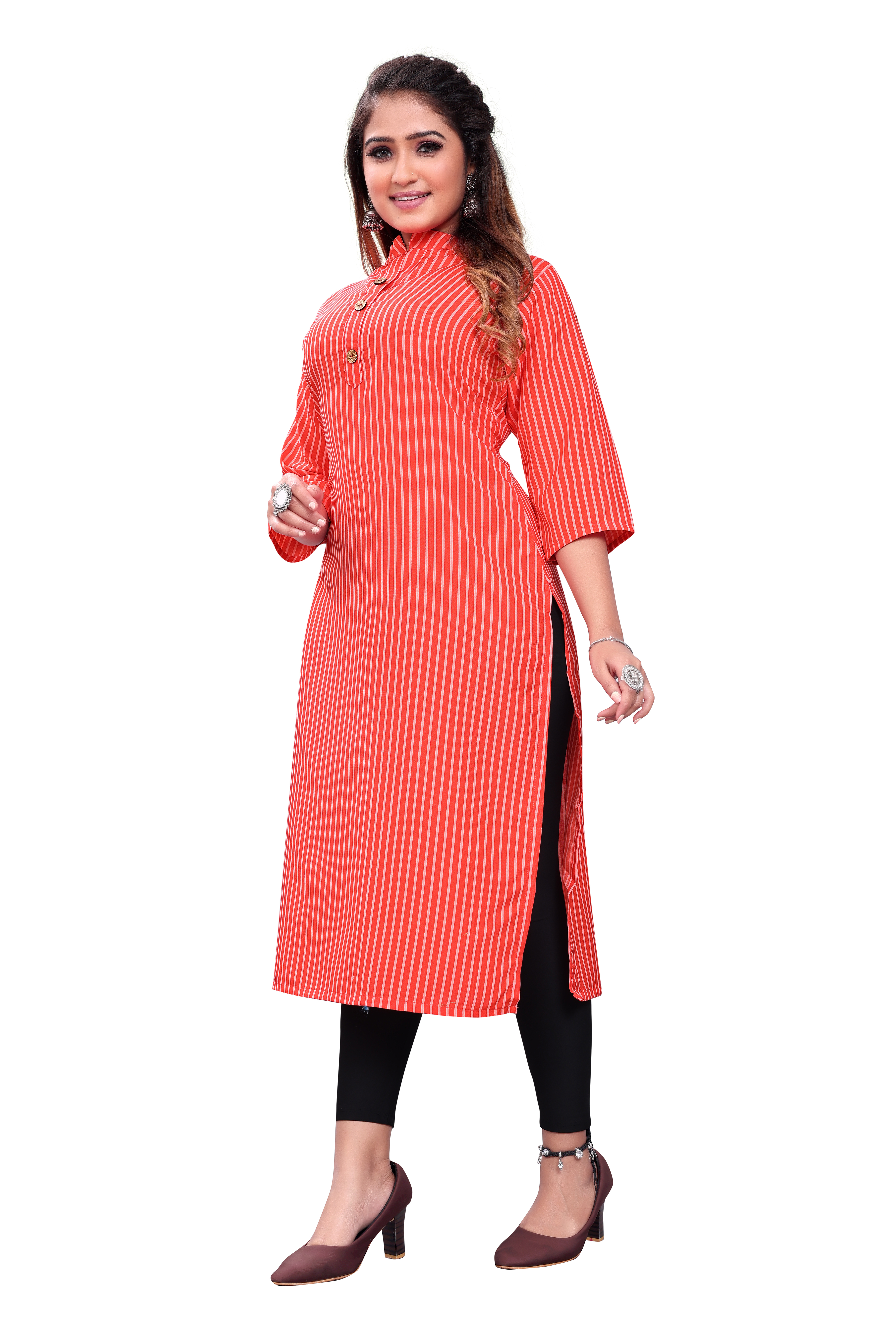 Rayon Kurti - Poli Rayon Calf Length Multiple Colors | Elegant Round Neck 3/4 Sleeve Printed Pattern For Ceremonies Parties And Casual Wear
