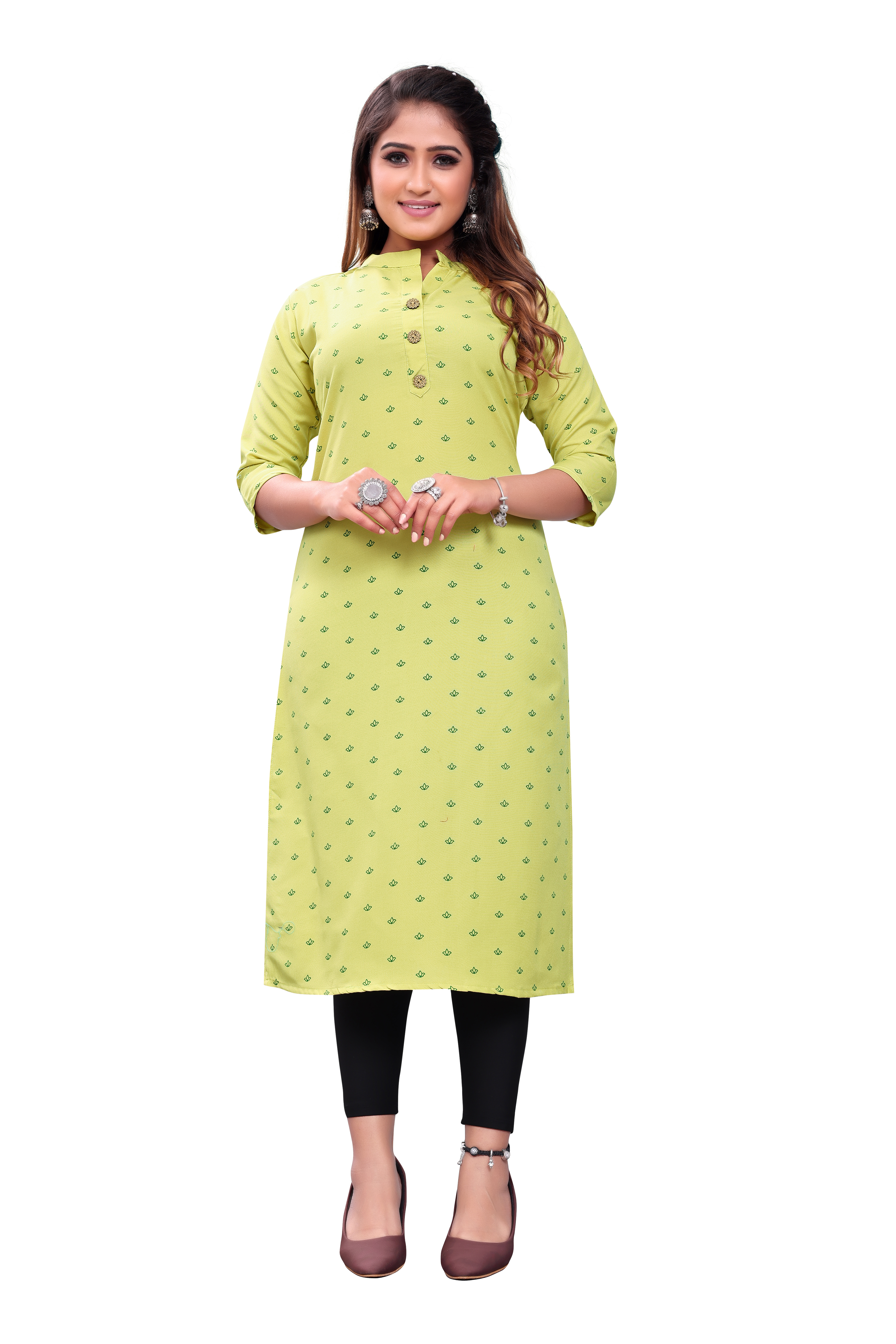 Rayon Kurti - Poli Rayon Calf Length Multiple Colors | Elegant Round Neck 3/4 Sleeve Printed Pattern For Ceremonies Parties And Casual Wear