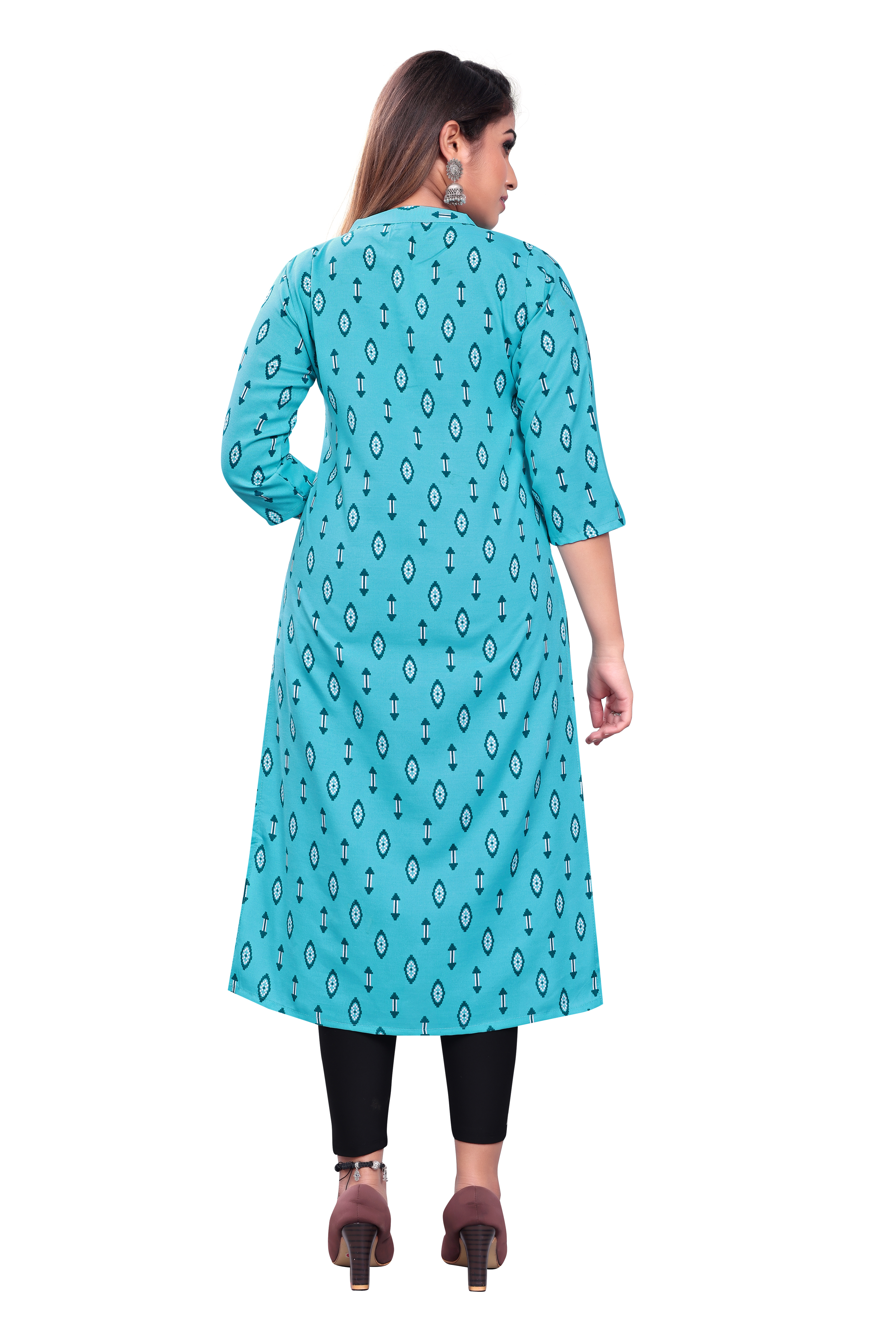 Rayon Kurti - Poli Rayon Calf Length Multiple Colors | Elegant Round Neck 3/4 Sleeve Printed Pattern For Ceremonies Parties And Casual Wear