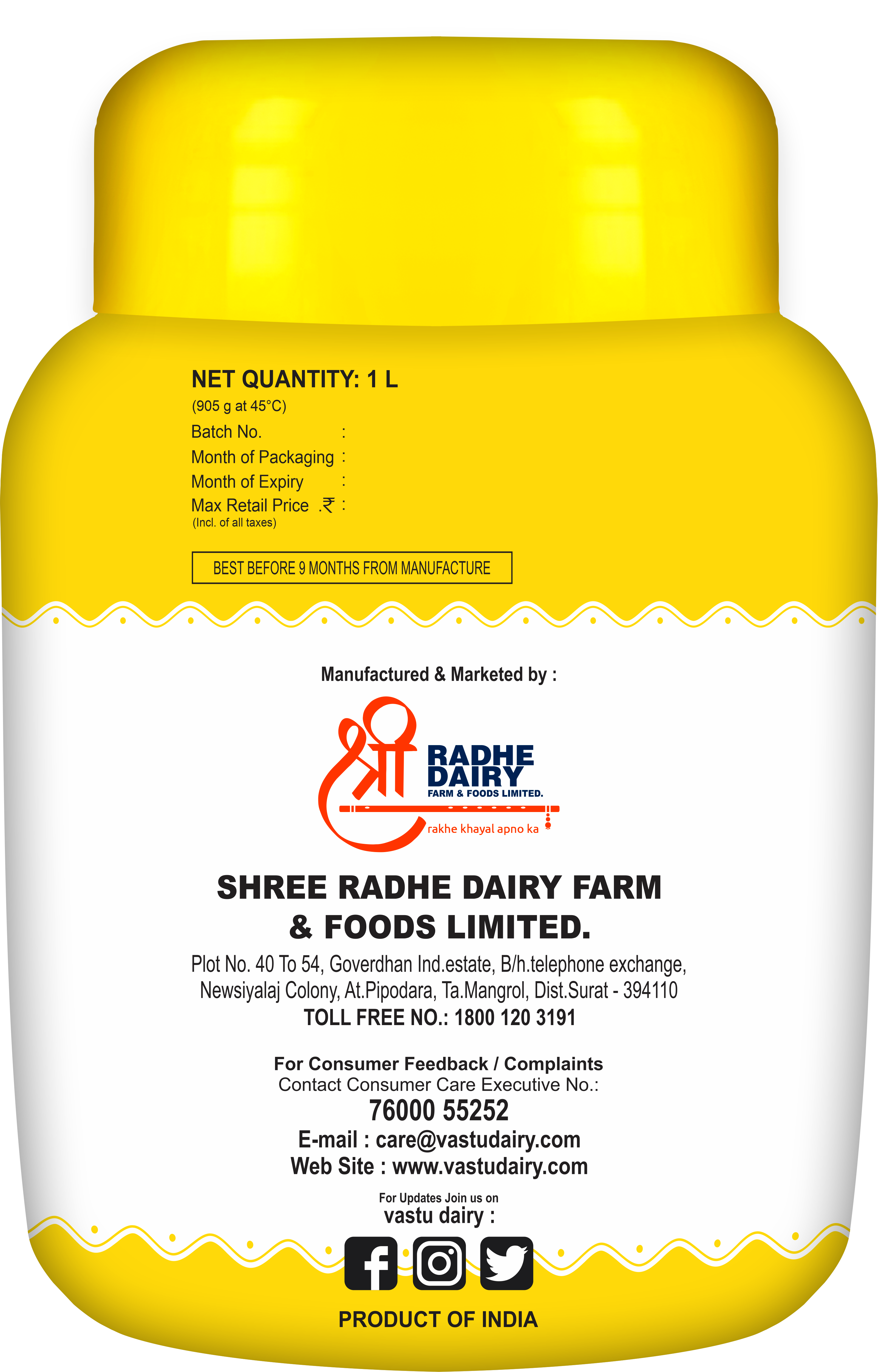 1 Ltr Vastu Pure Cow Ghee Jar Age Group: Old-aged