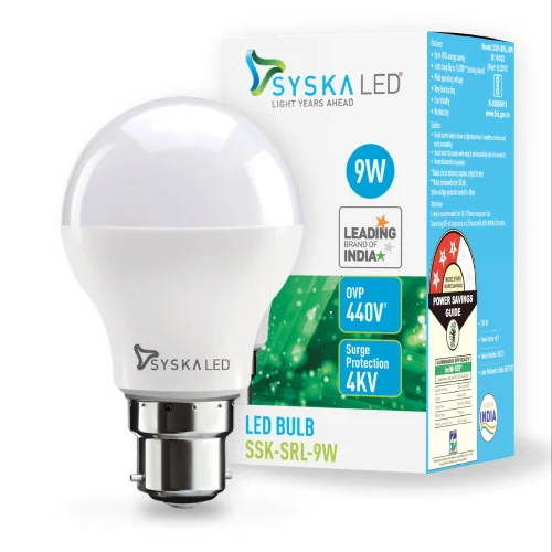 SYSKA 9W LED Light Bulb - Polycarbonate & Ceramic, White Color | 1 Year Warranty, Industrial Use, 50Hz Working Frequency, 90V Input