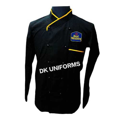 Chef Jacket - Polyester Fabric, Black with Golden Piping, Men's Stylish Design