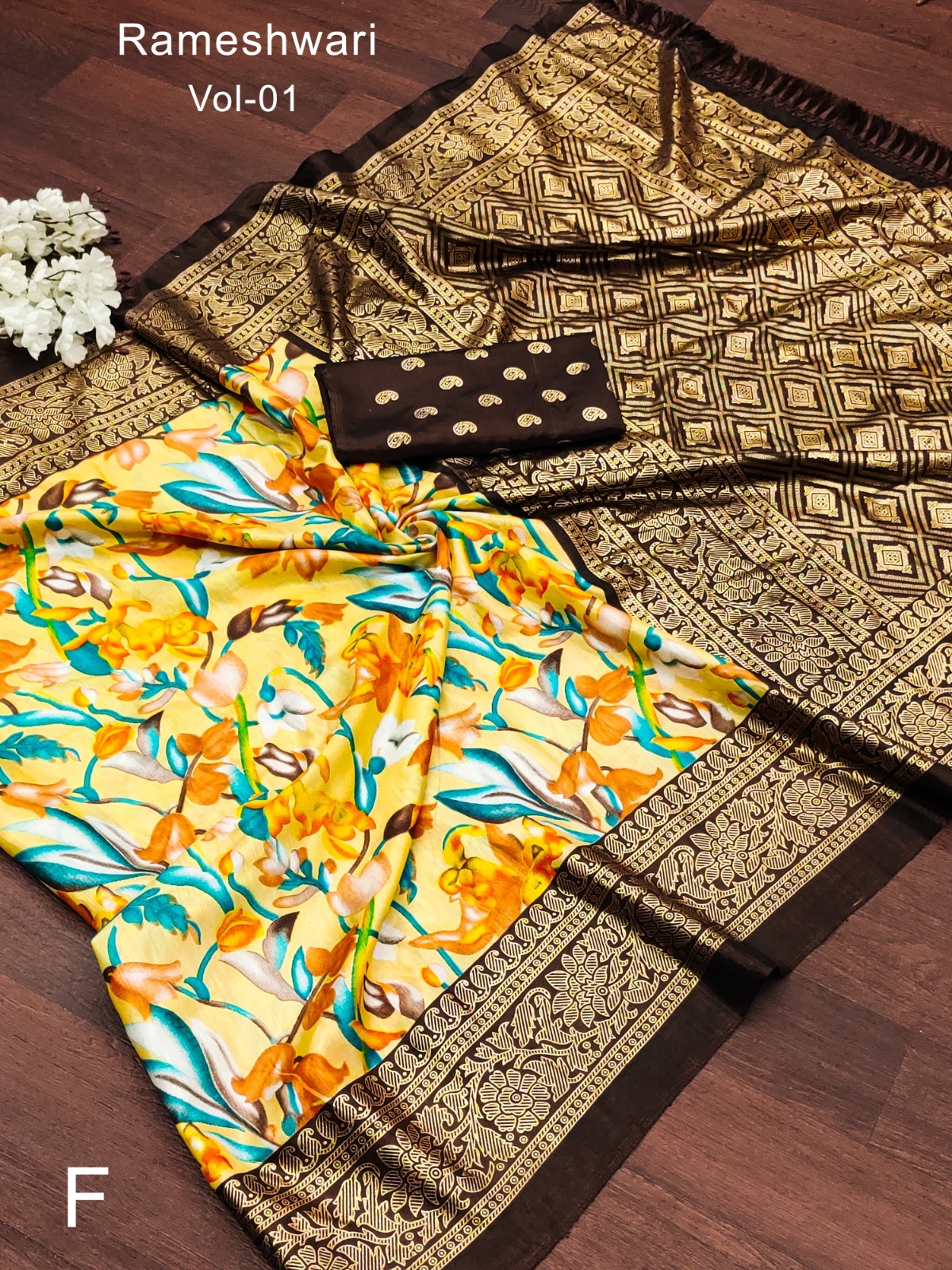 Priya Vol 18 - Soft Pure Dola Silk Digital Printed Saree With Foil Gold Border, Floral Pattern Body & Pallu, Foil Zari Blouse