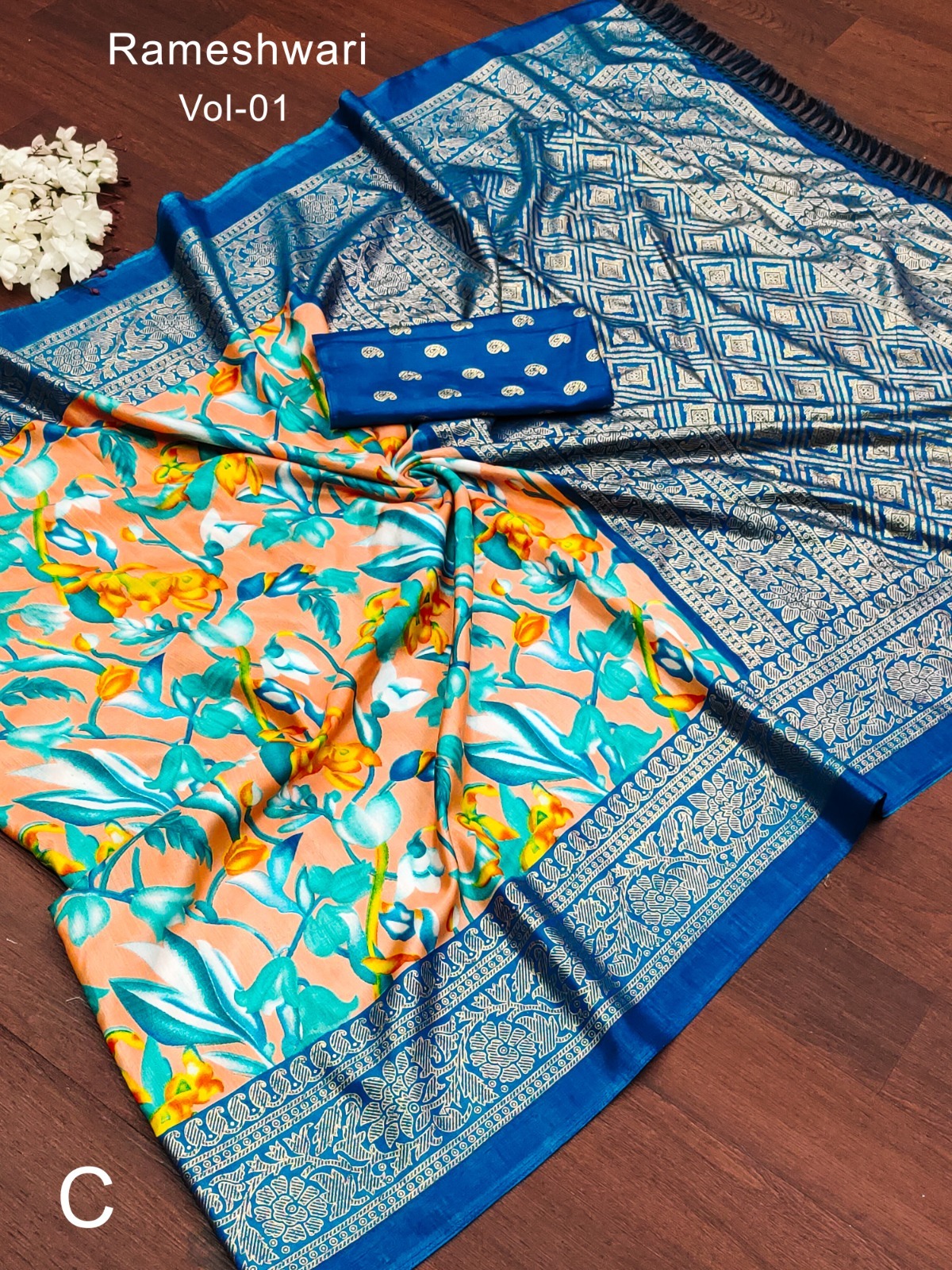 Priya Vol 18 - Soft Pure Dola Silk Digital Printed Saree With Foil Gold Border, Floral Pattern Body & Pallu, Foil Zari Blouse