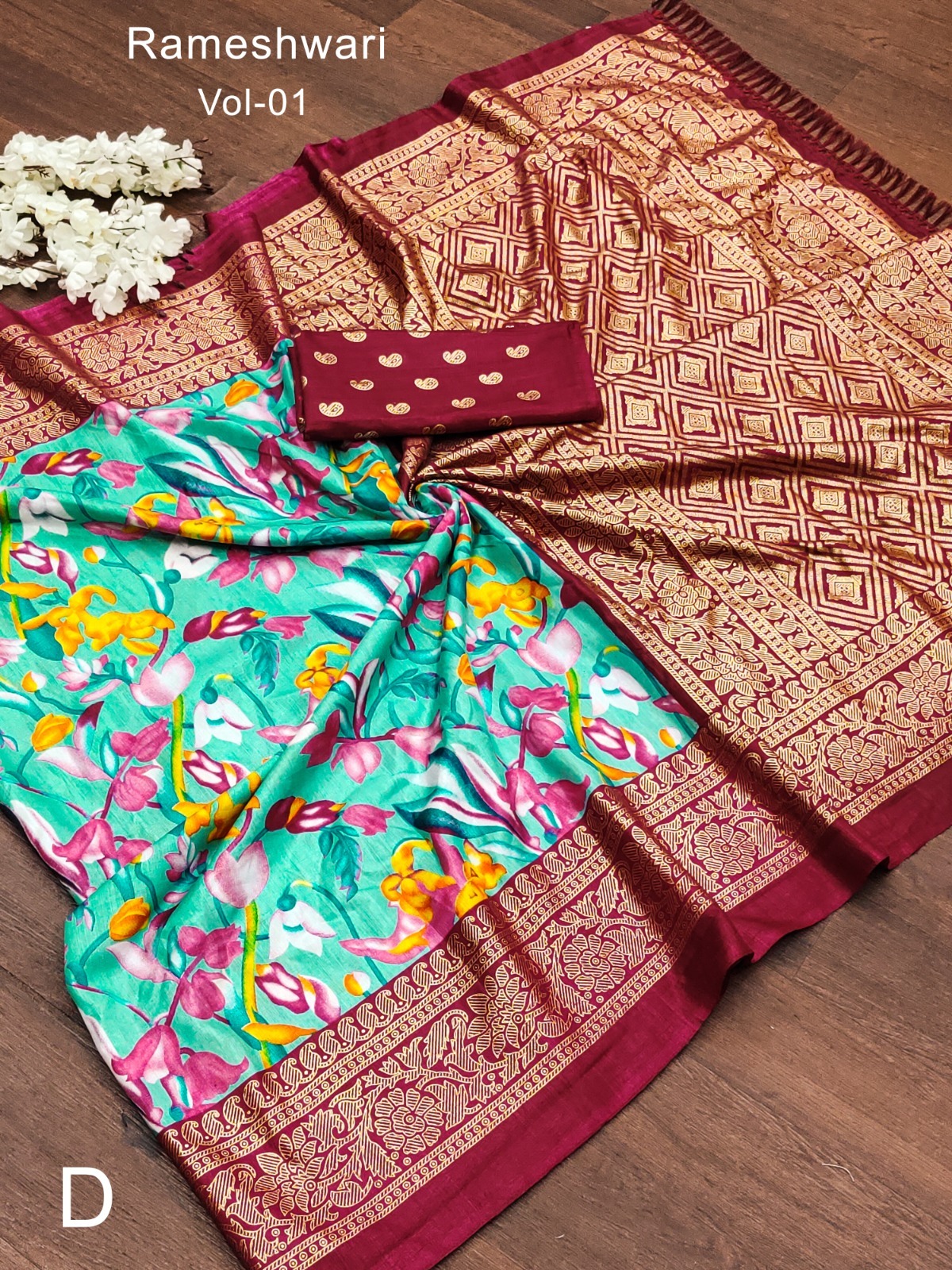 Priya Vol 18 - Soft Pure Dola Silk Digital Printed Saree With Foil Gold Border, Floral Pattern Body & Pallu, Foil Zari Blouse