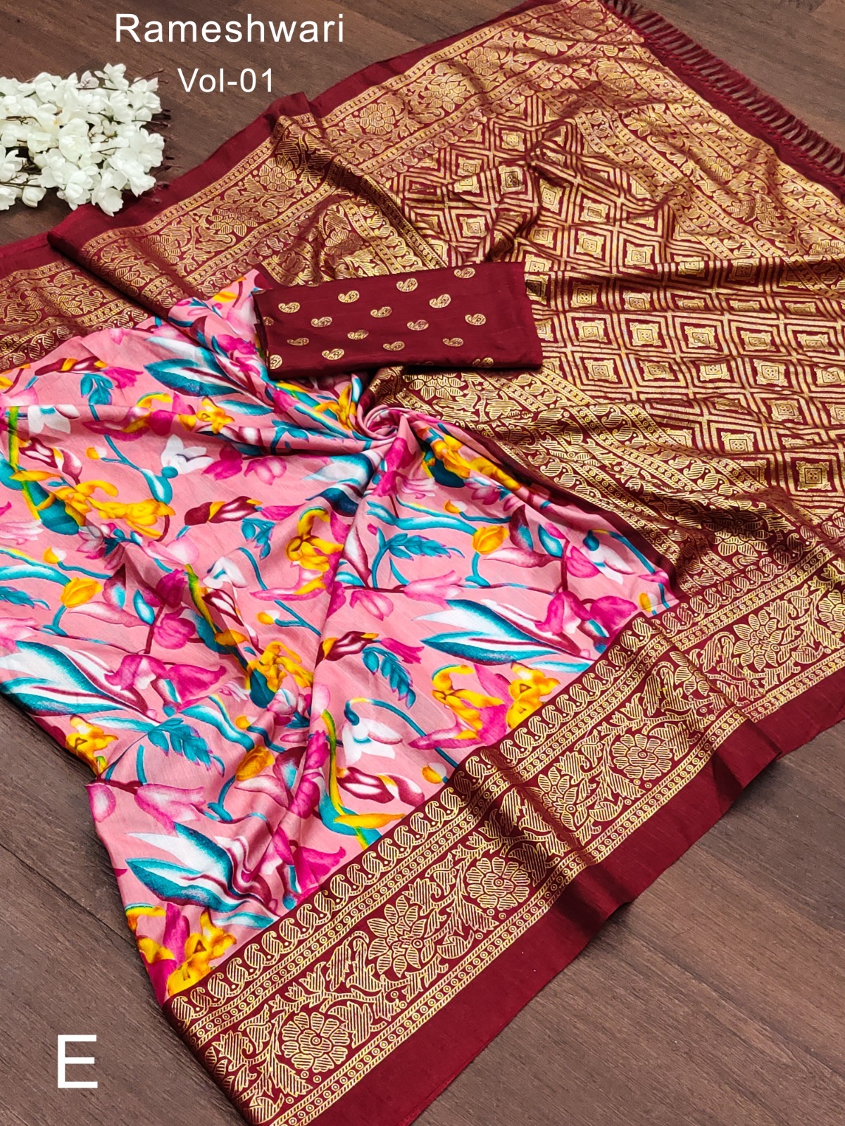 Priya Vol 18 - Soft Pure Dola Silk Digital Printed Saree With Foil Gold Border, Floral Pattern Body & Pallu, Foil Zari Blouse