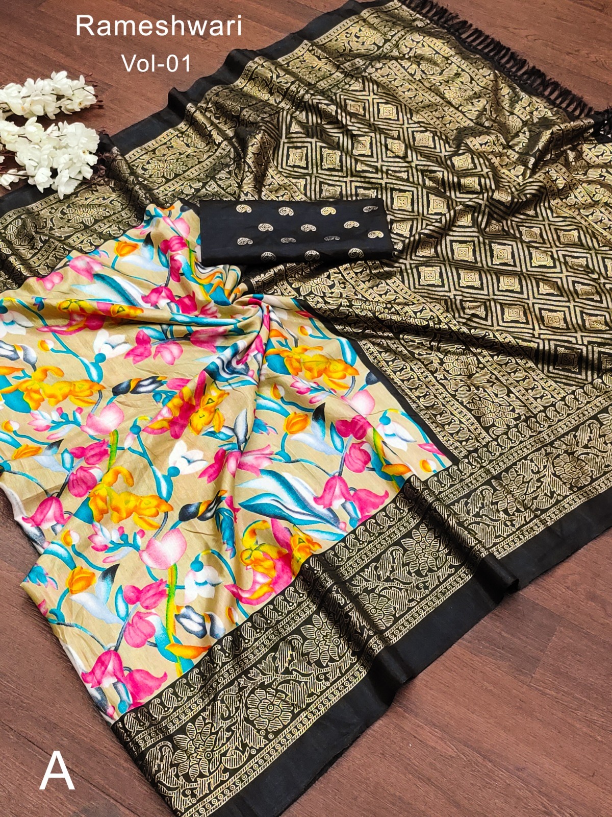 Priya Vol 18 - Soft Pure Dola Silk Digital Printed Saree With Foil Gold Border, Floral Pattern Body & Pallu, Foil Zari Blouse