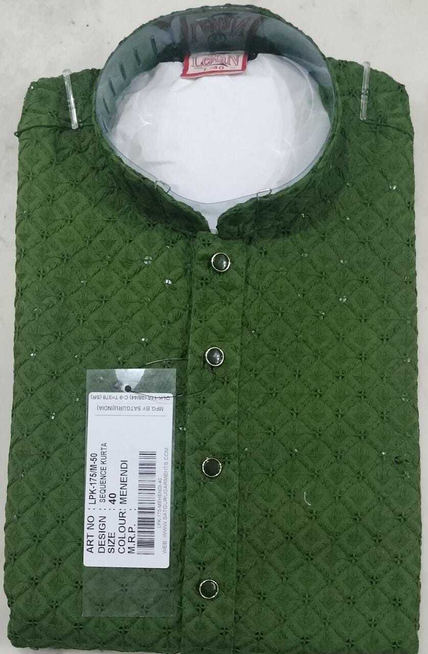 Sequence Kurta Pyjama Sets - Chiken Fabric, Various Sizes, Green Color | Full-sleeved, Comfortable Fit, Stylish Embroidery, Elegant Ethnic Look