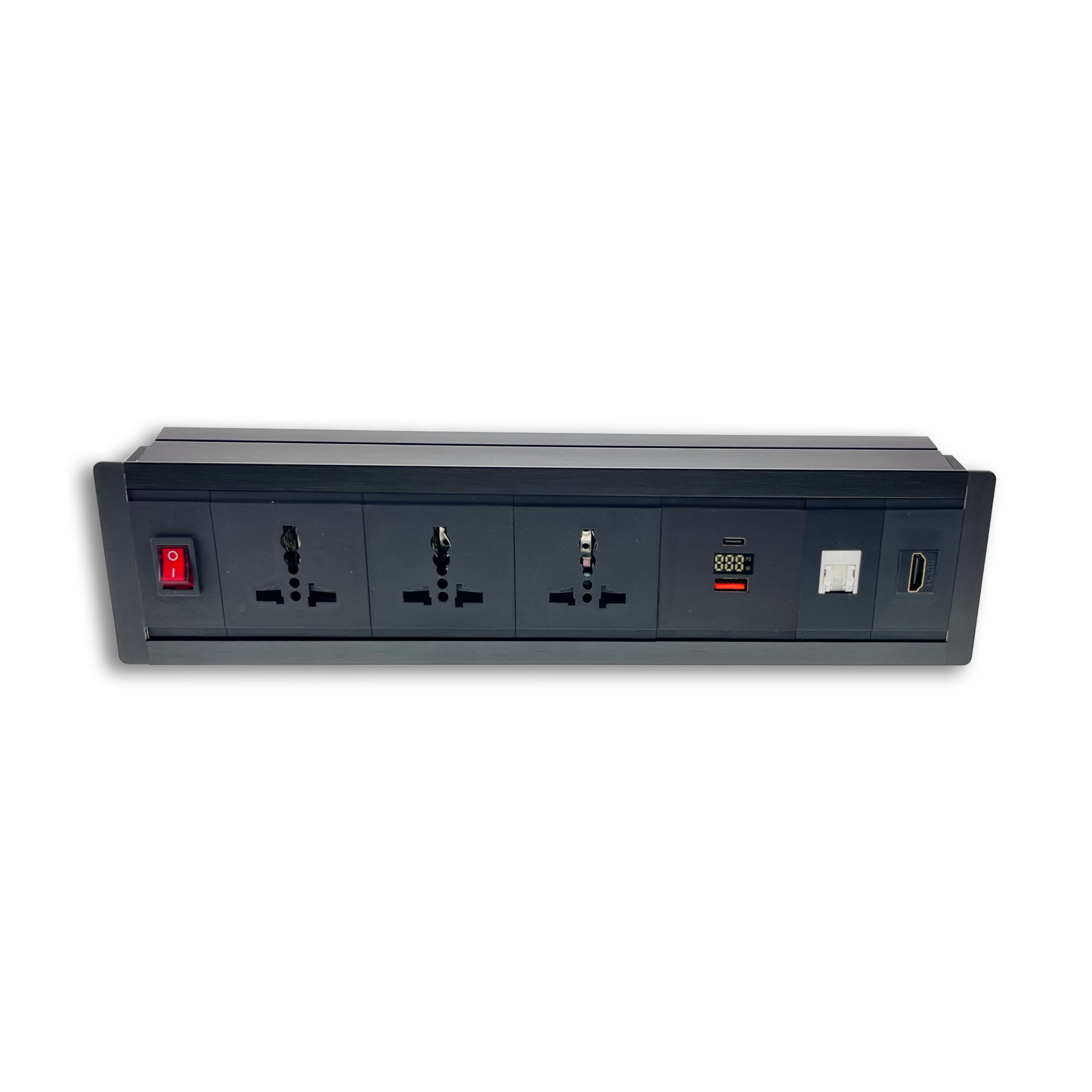 Surface Mount Pdu 6 To13 Amp Universal Socket With Hdmi And Rj45 Port Usb Type C 30w Pd Charging Port With Display