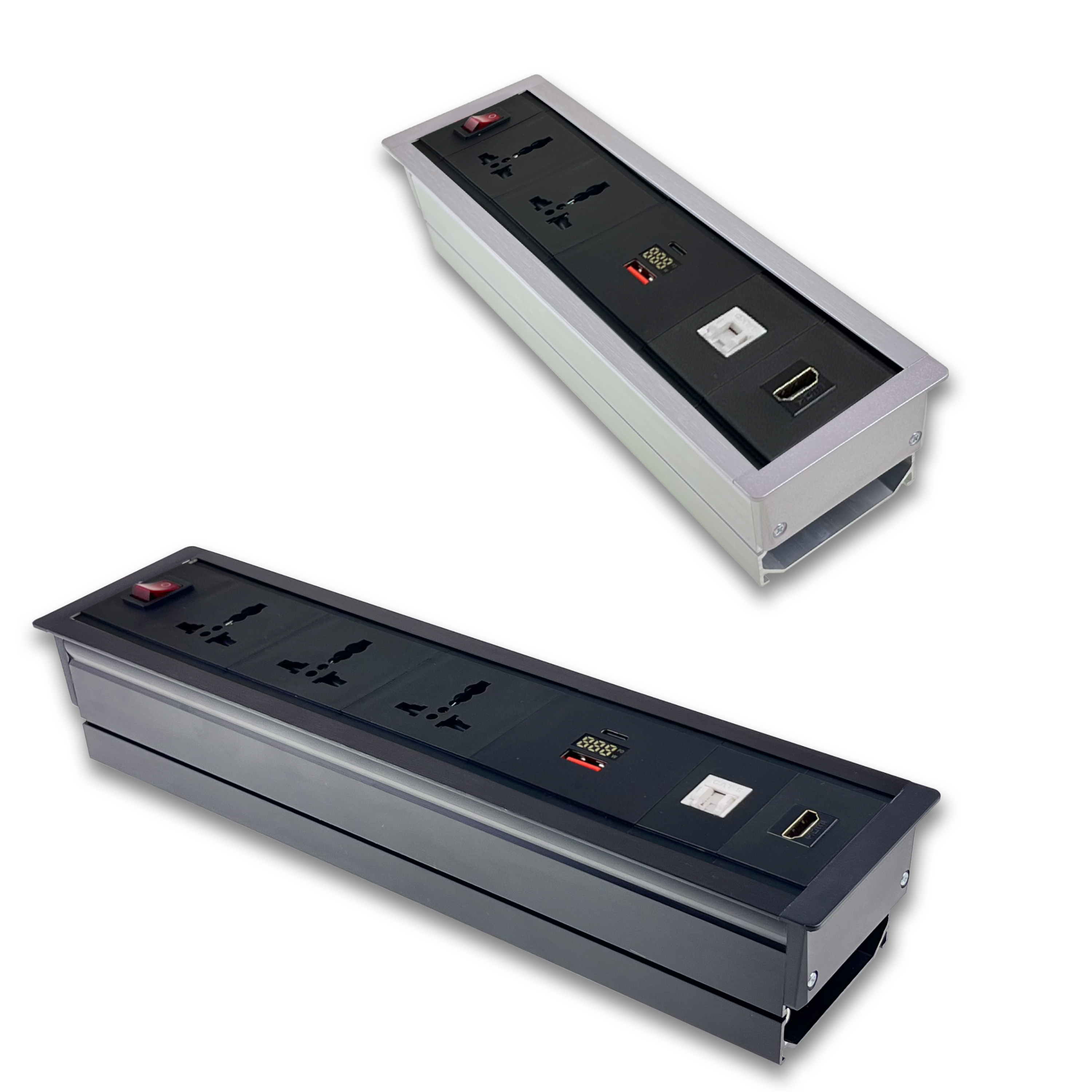 Surface Mount Pdu 6 To13 Amp Universal Socket With Hdmi And Rj45 Port Usb Type C 30w Pd Charging Port With Display