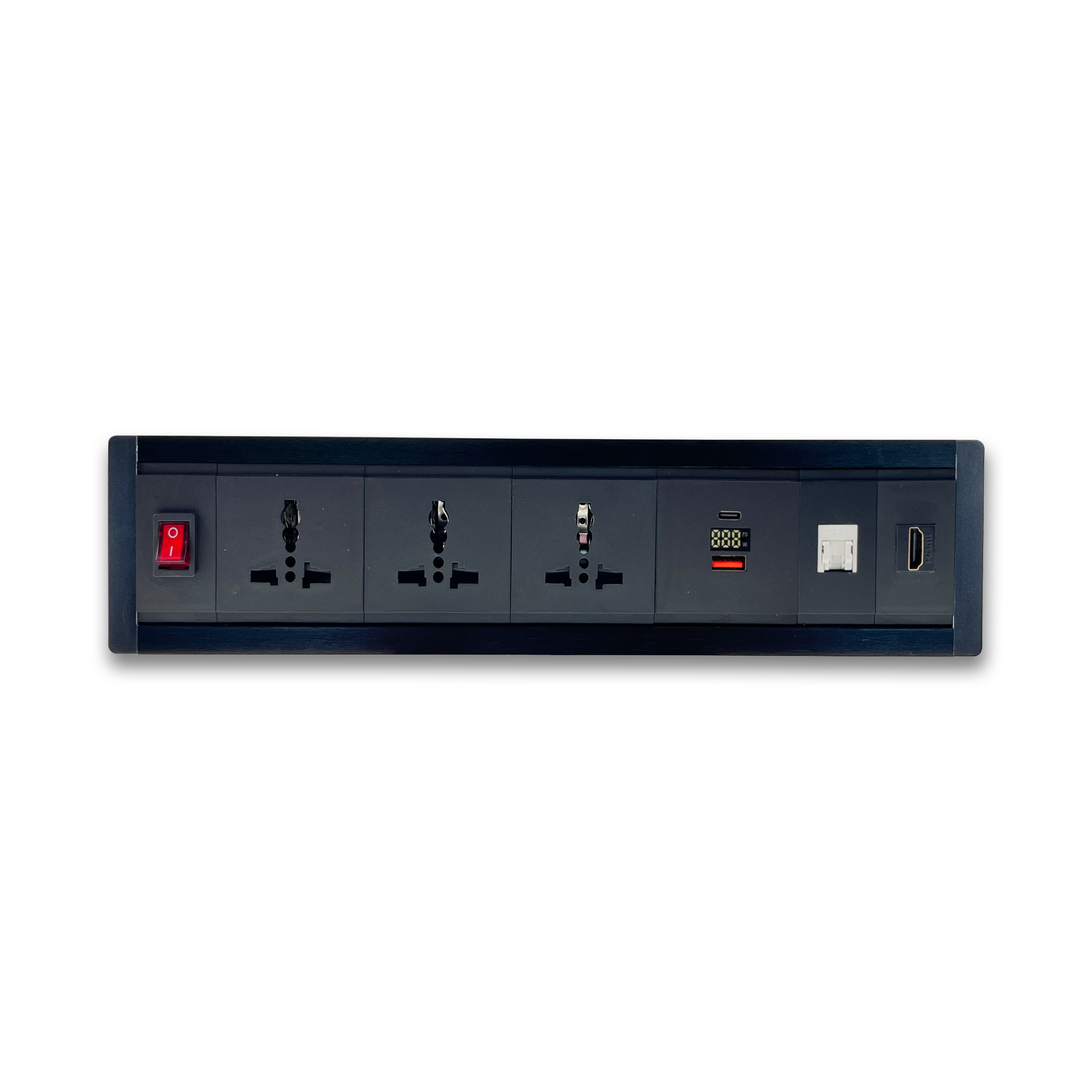 Surface Mount Pdu 6 To13 Amp Universal Socket With Hdmi And Rj45 Port Usb Type C 30w Pd Charging Port With Display
