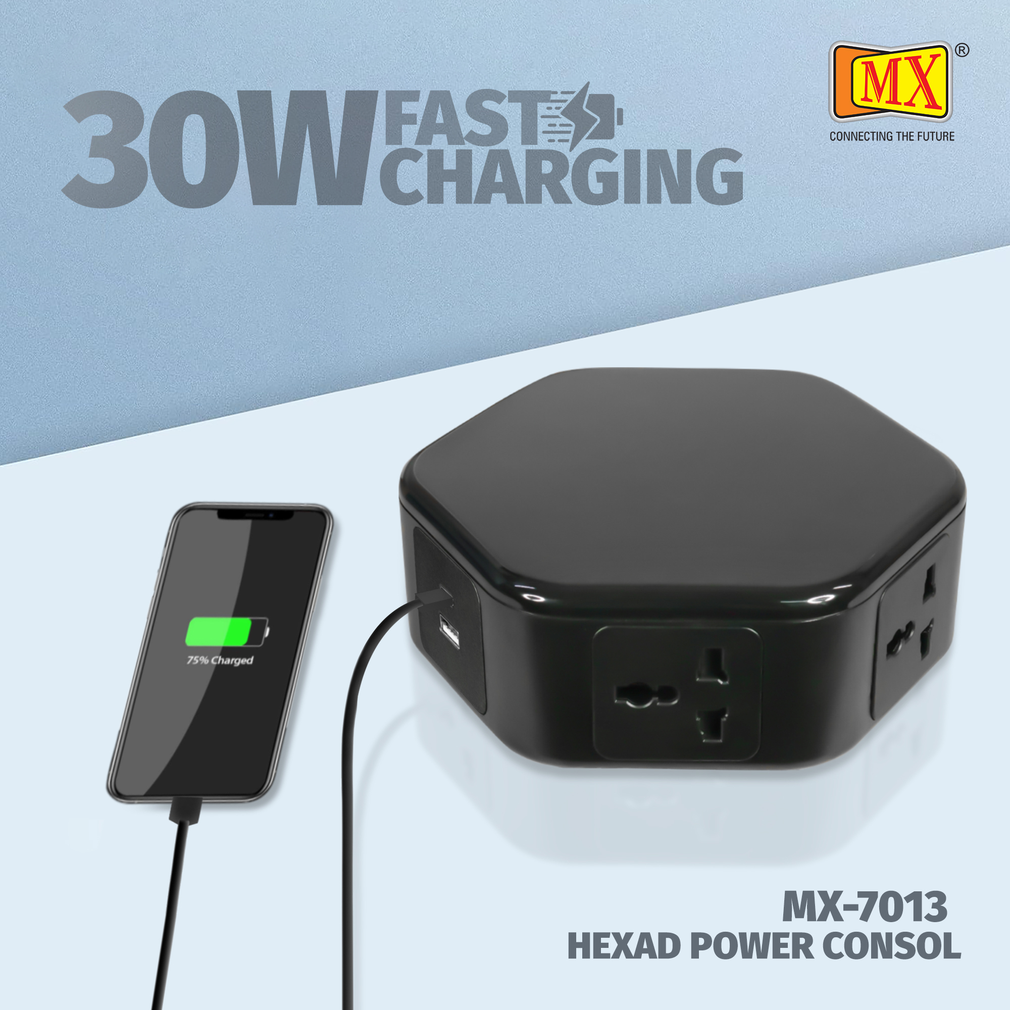 Hexad Power Console - High-grade Engineered Polycarbonate, 1.8m Cord Length, Black And White | 5 Universal Sockets, 1 Usb A 3.0, 1 Type C 30w, Wireless Charging 15w