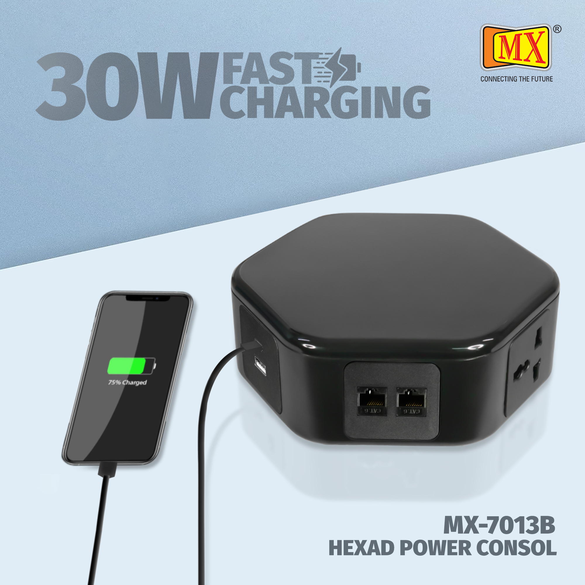 Hexad Power Console - Engineered Polycarbonate, 4 Universal Power Sockets , 2 Rj-45 Ports, 1 Usb A 3.0, Type C 30 Watt, Wireless Charger 15 Watt