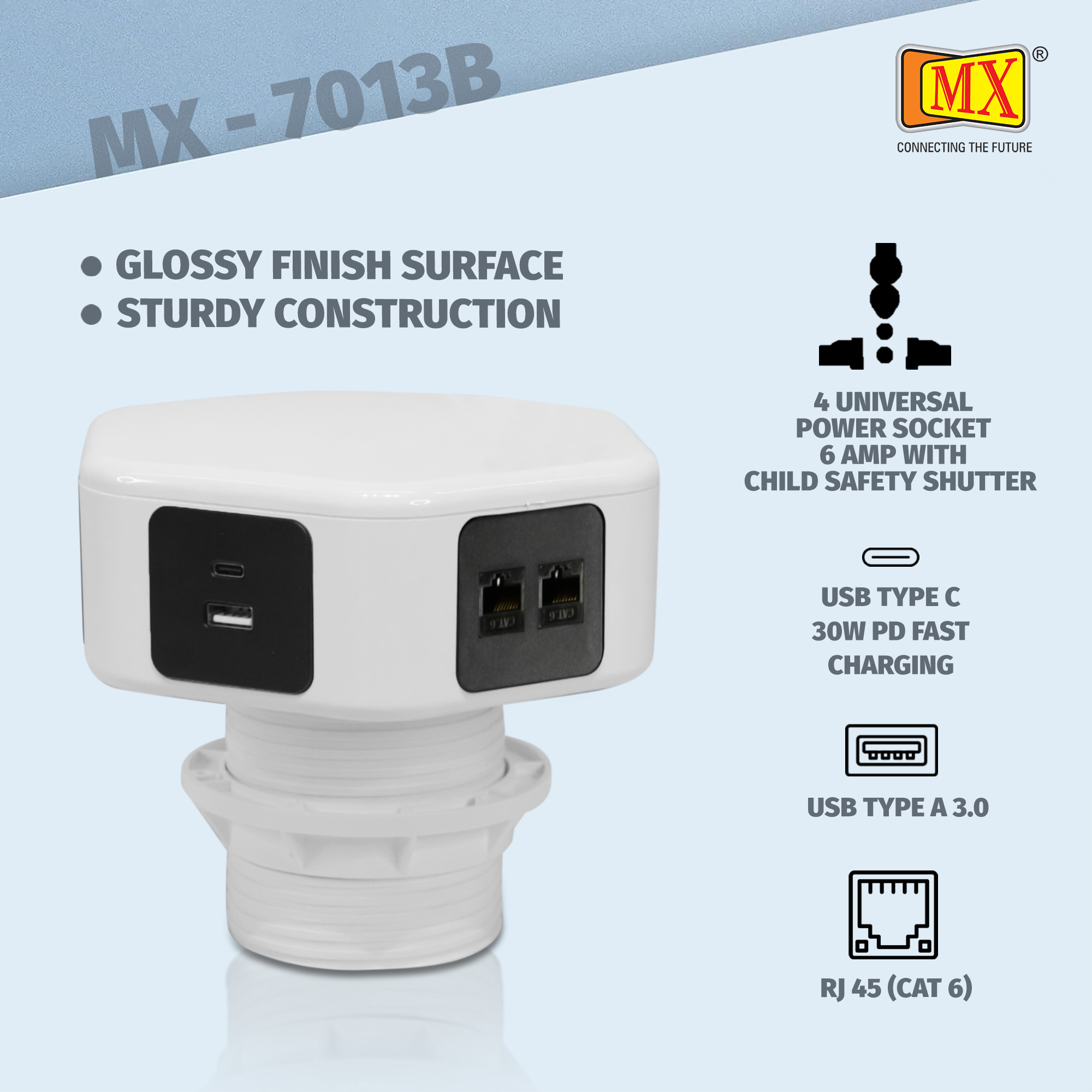 Hexad Power Console - Engineered Polycarbonate, 4 Universal Power Sockets , 2 Rj-45 Ports, 1 Usb A 3.0, Type C 30 Watt, Wireless Charger 15 Watt
