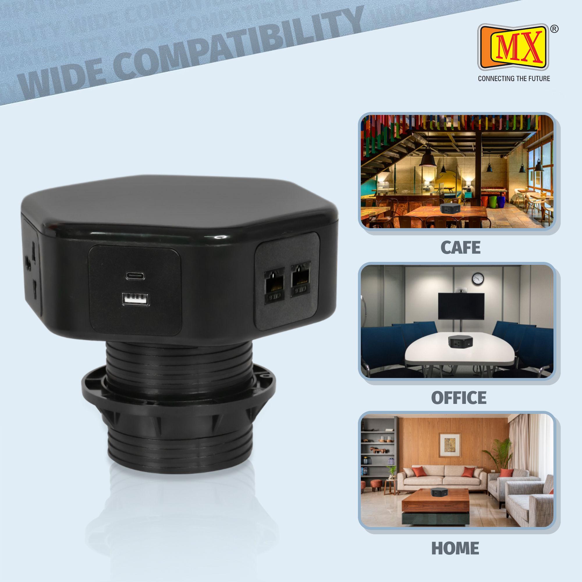 Hexad Power Console - Engineered Polycarbonate, 4 Universal Power Sockets , 2 Rj-45 Ports, 1 Usb A 3.0, Type C 30 Watt, Wireless Charger 15 Watt