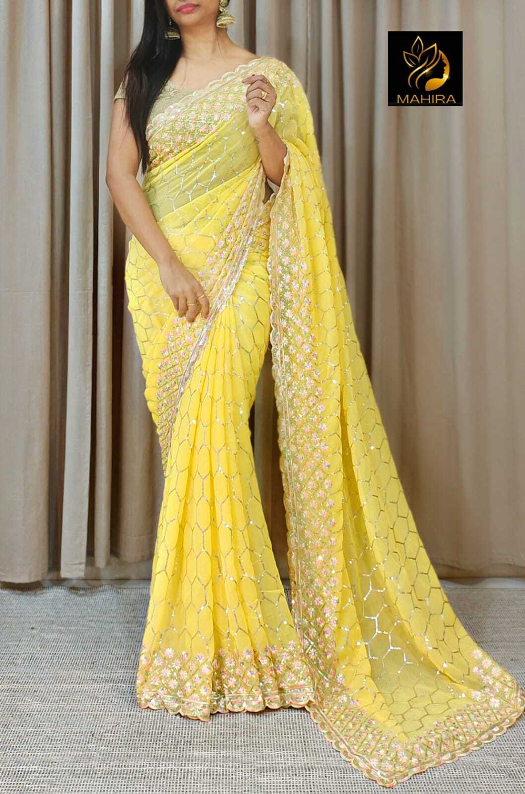 Beautiful Soft And Light Saree - Georgette With All Over Sequence Work & Floral Embroidery Cut Work Border, Featuring Buttis On Blouse